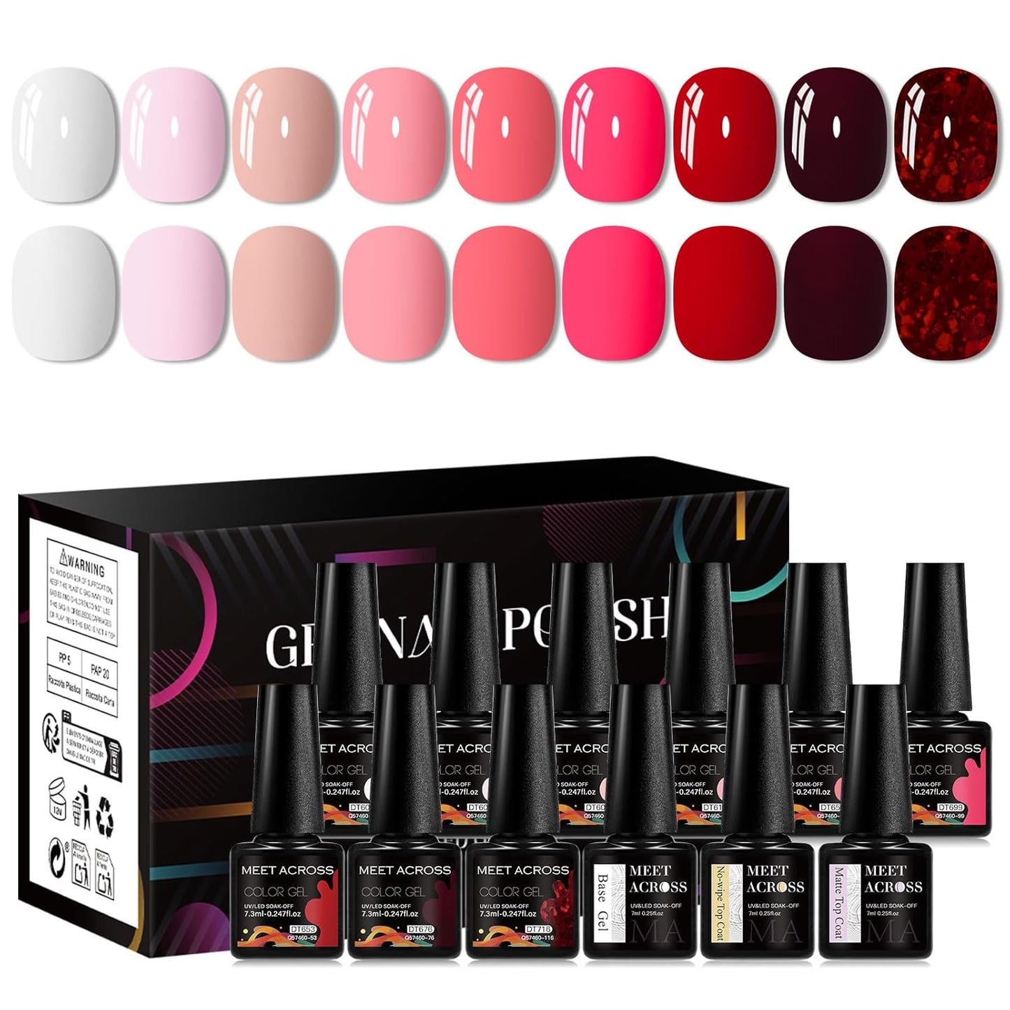MEET ACROSS 9 Colors Gel Nail Polish + 3PCS Function Gel Nail Polish Kit,Fashion Nail Art Set Design Gifts for Women Manicure Salon (SET19, 12pcs)