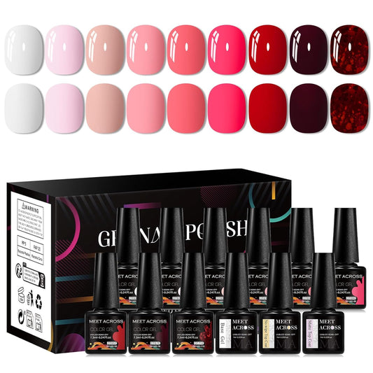 MEET ACROSS 9 Colors Gel Nail Polish + 3PCS Function Gel Nail Polish Kit,Fashion Nail Art Set Design Gifts for Women Manicure Salon (SET19, 12pcs)