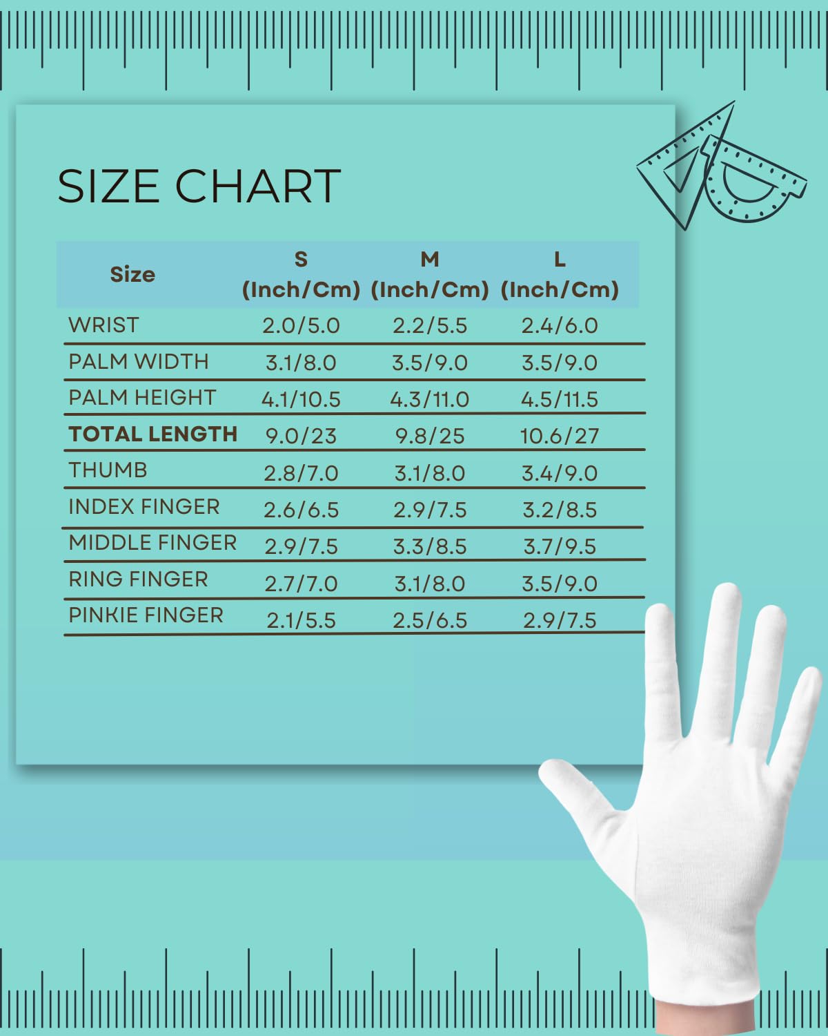 Cotton Gloves (2 Pairs), White, Moisturizing Night Gloves for Dry Hands, 100% Cotton, Size L