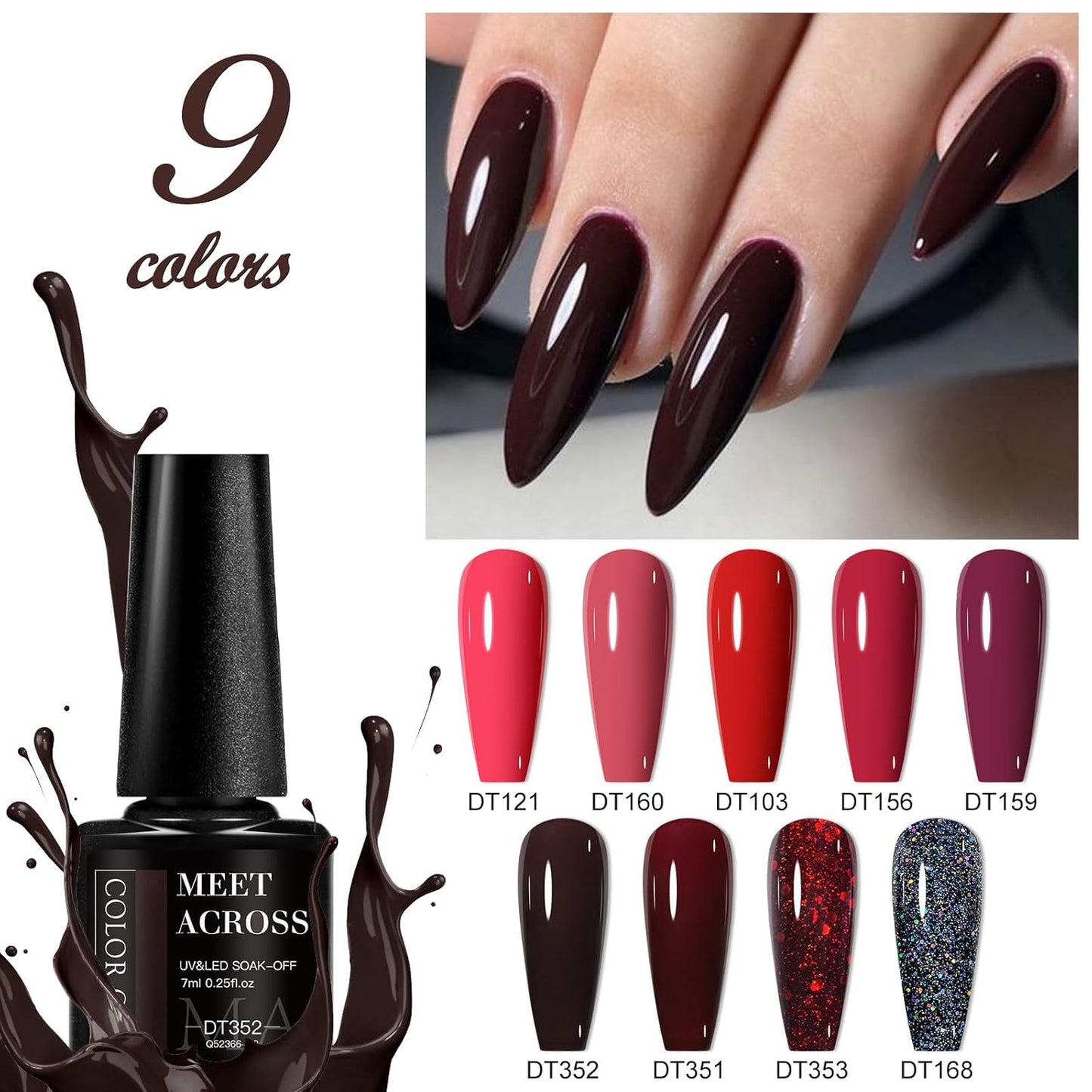 MEET ACROSS 9 Colors Gel Nail Polish + 3PCS Function Gel Nail Polish Kit,Fashion Nail Art Set Design Gifts for Women Manicure Salon (SET1, 12pcs)