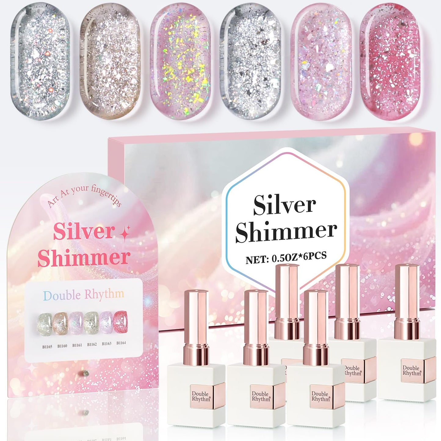 Double Rhythm 0.5 Oz Glitter Gel Polish Set of 6 Color with Display Board 15 ml Full Size Kit Shimmer Reflective Sparkle Soak Off Manicure Salon DIY at Home (Gold Silver Light Pink Rose-T6-35)