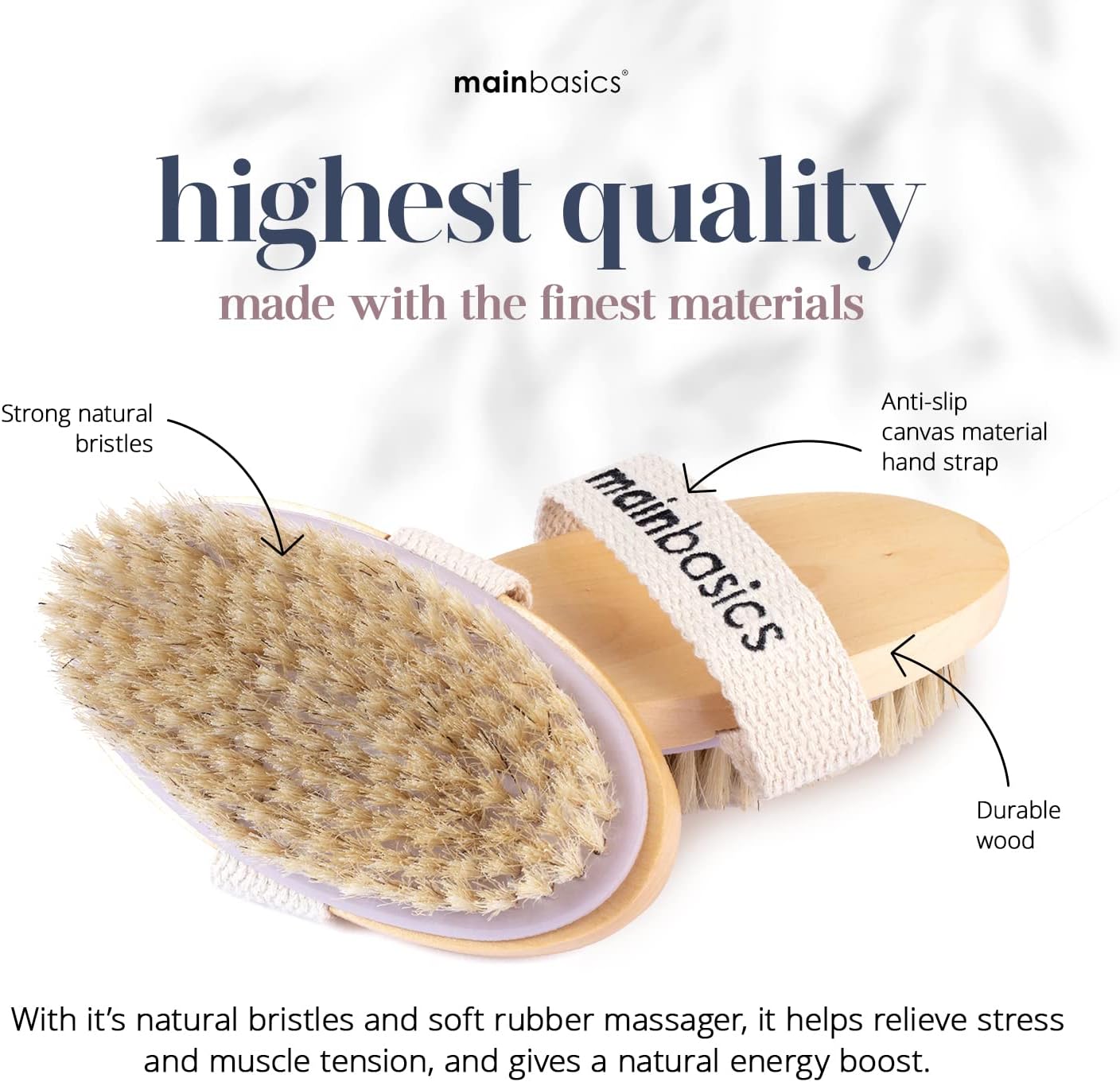 MainBasics Dry Brushing Body Brush for Lymphatic Drainage, Dry Skin, Cellulite, Blood Circulation with Exfoliating Natural Bristles for Flawless Skin