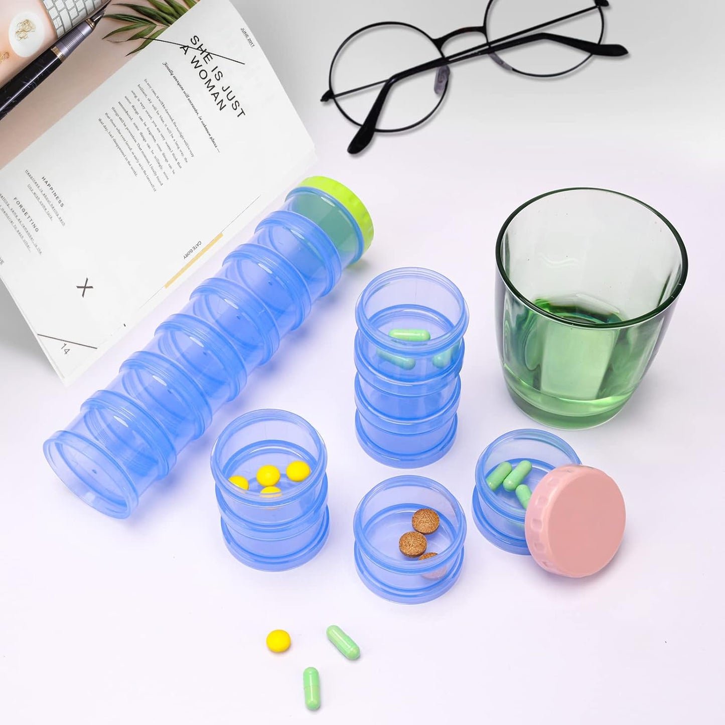 2 Pack 7 Day Pill Organizer Case Stackable Weekly Supplements Vitamins Pills Holder Dispenser Large Translucent Blue with Extra Lid