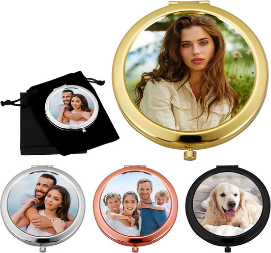 Personalized Compact Mirror with Picture Text, Custom Photo Small Purse Mirror, Double-Sided 1X/2X Magnifying Metal Pocket Makeup Mirrors for Women Mom Wife Sister BFF Wedding Birthday