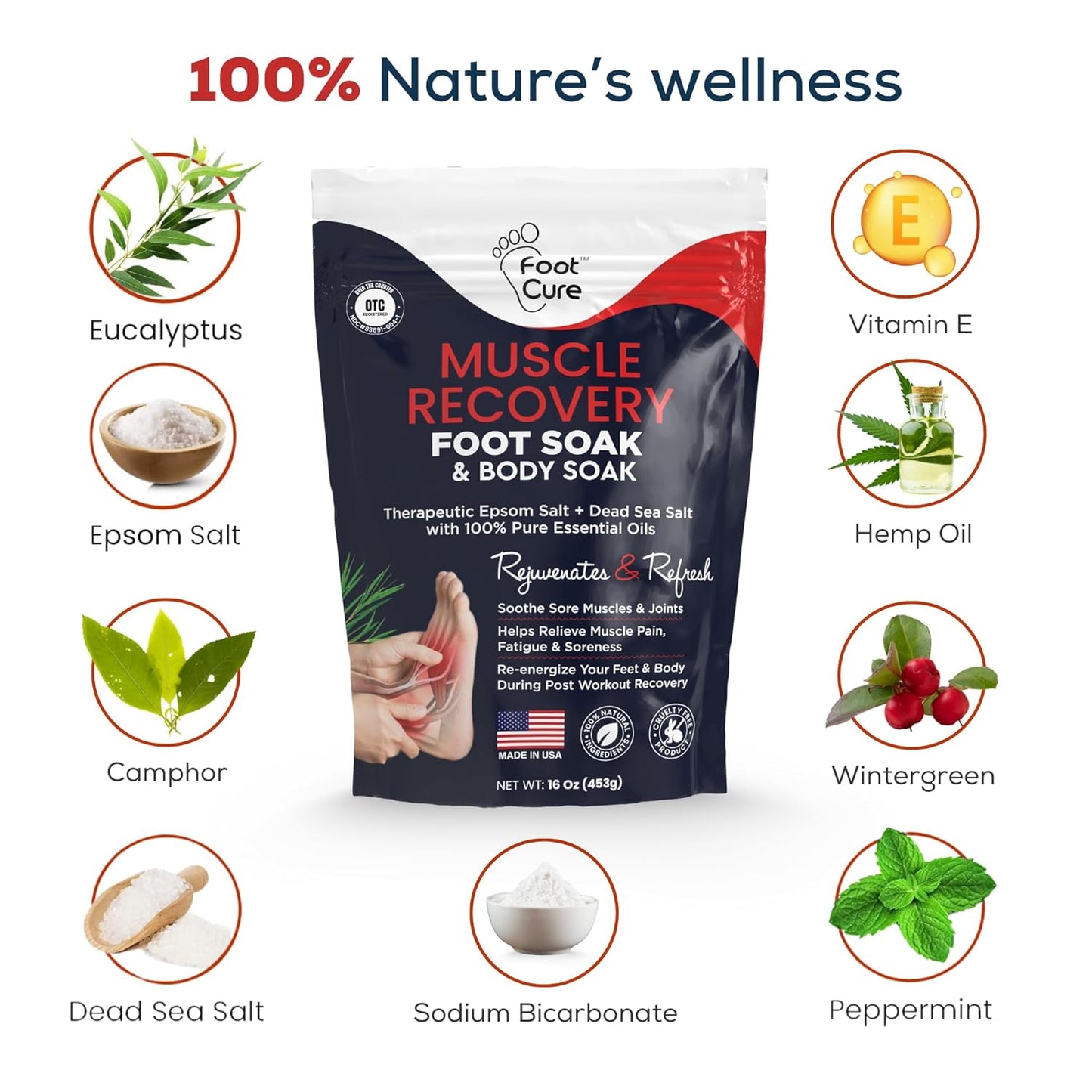 FOOT CURE Muscle Care Foot Soak with Epsom Salts – Refreshing Blend for Relaxation & Foot Care – Helps Soften Skin – Soothes Tired Feet, Invigorating Scent, Spa Pedicure – 16 oz (Pack of 2)