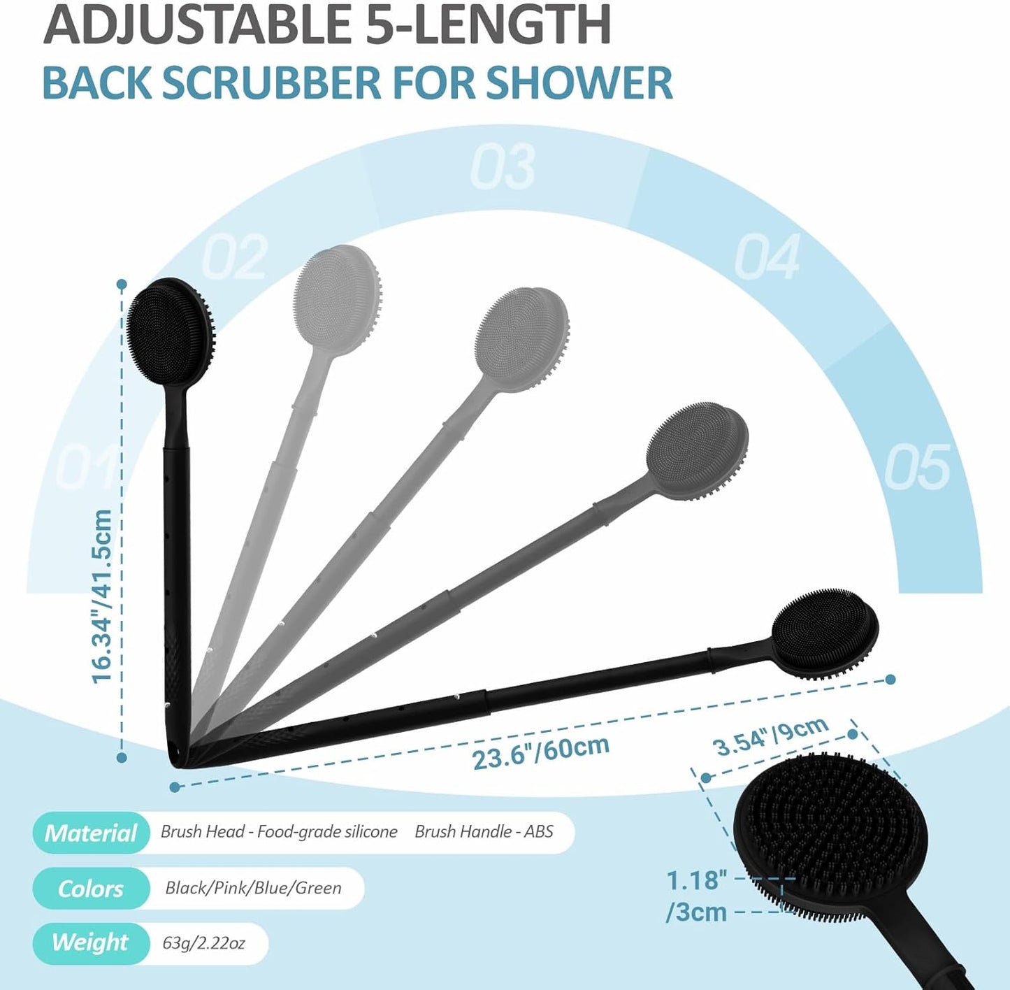 Adjustable Silicone Back Scrubber for Shower, 16''-24'' Extendable Shower Back Scrubber for Rich Foam, 5-Length Back Brush Bath Brush with Dual-Side Head and Super-Lathering Bristles(Black)