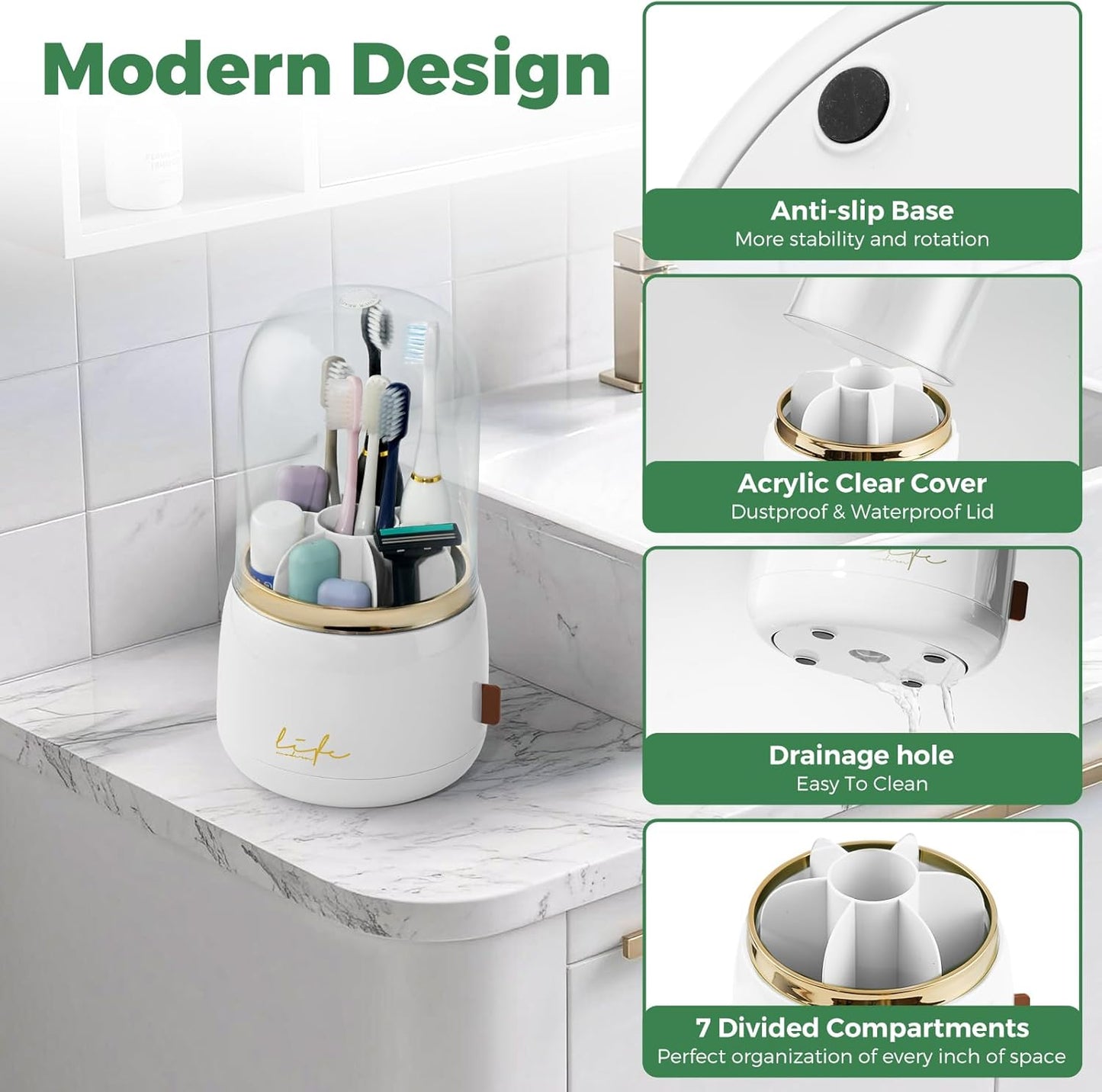 Toothbrush Holders for Bathrooms, Rotating 7 Slots Toothbrush Holder with Cover, Kids Electric Toothbrush and Toothpaste Holders for Caddy for Bathroom Vanity, Sink, Countertop, White