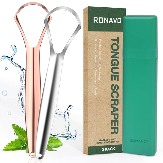 RONAVO Tongue Scraper for Adults, Two Colors Designed for Couples, Cure Bad Breath, Tongue Cleaners Stainless Steel, Metal Tongue Scrapers for Oral Care & Hygiene (2 Pack)