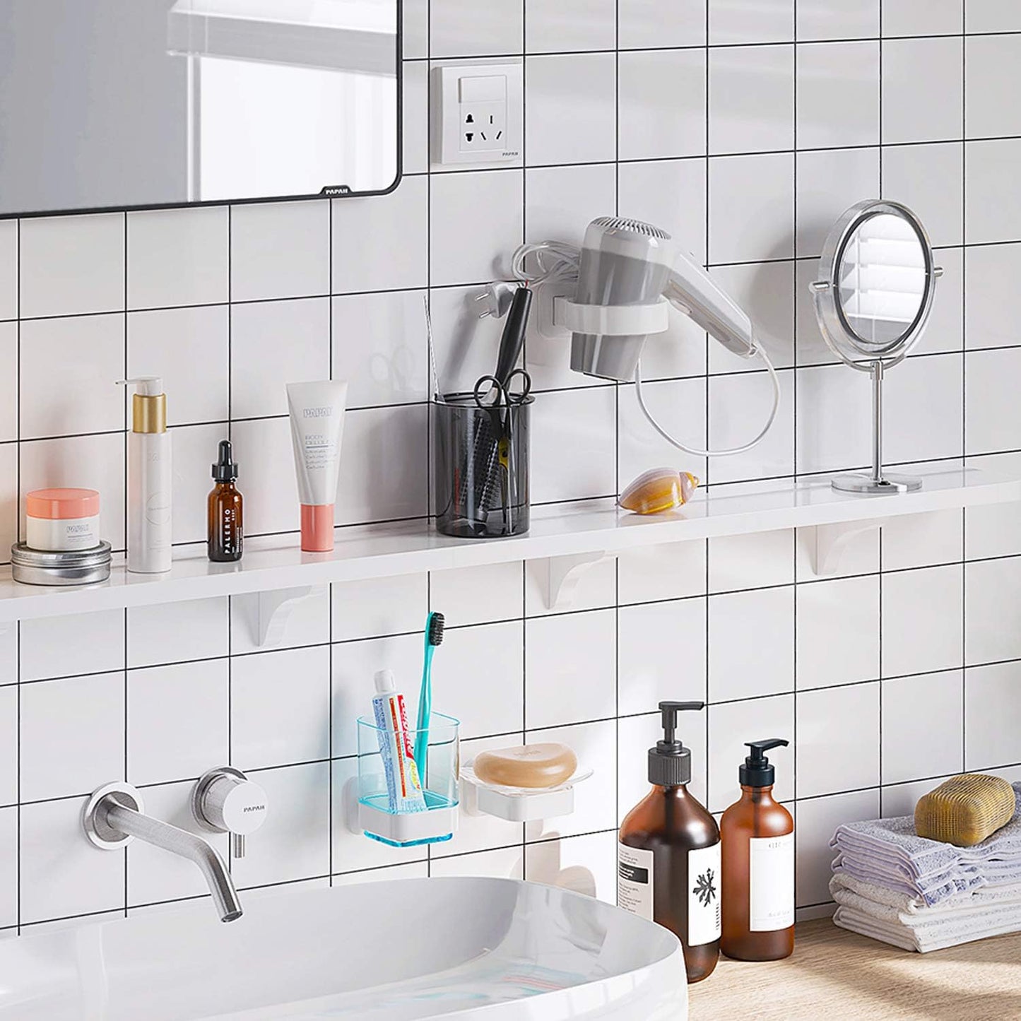 Wall-Mounted Tumbler and Toothbrush Holder, Wall Mounted Adhesive Hanging Electric Toothbrush Organizer Stand for Bathroom, No Drilling Required (Blue+Chrome, 3.93"X3.93"X2.97")