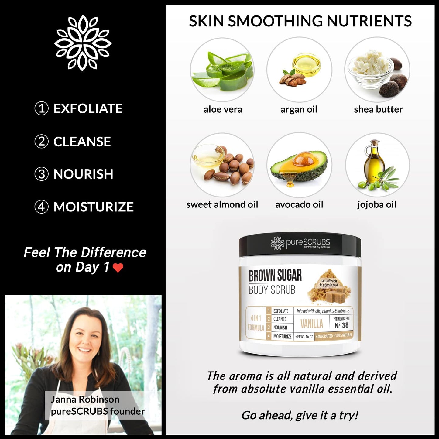 pureSCRUBS Premium Vanilla Brown Sugar Scrub | Face, Feet & Full Body Scrub | Large 16oz Jar Includes Wooden Spoon, Loofah & Mini Exfoliating Bar Soap