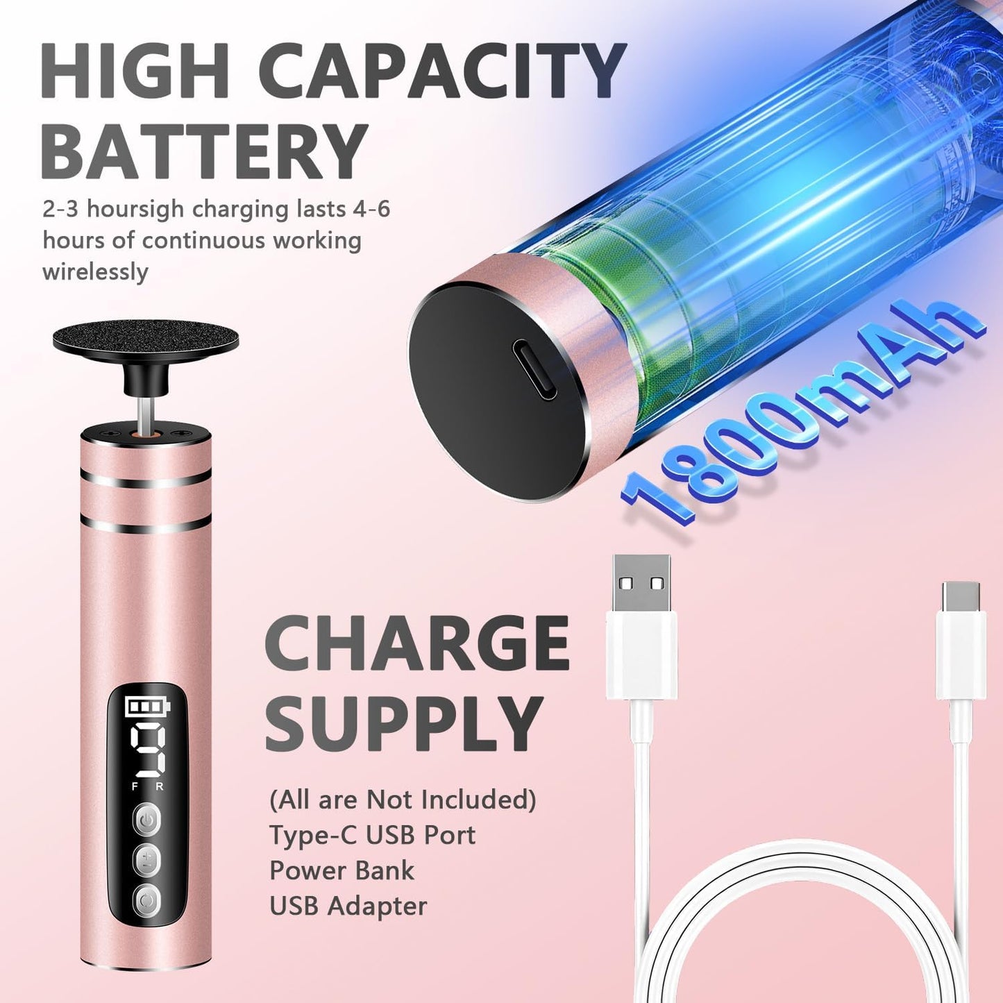 EAONE Portable Electric Foot File-Callus Remover for Feet, Professional 2 in 1 Foot/Nail Filer -Digital Display for Battery Level & 9 Speed Control-Rechargeable Pedicure Tool for Dead Skin (Rose Gold)