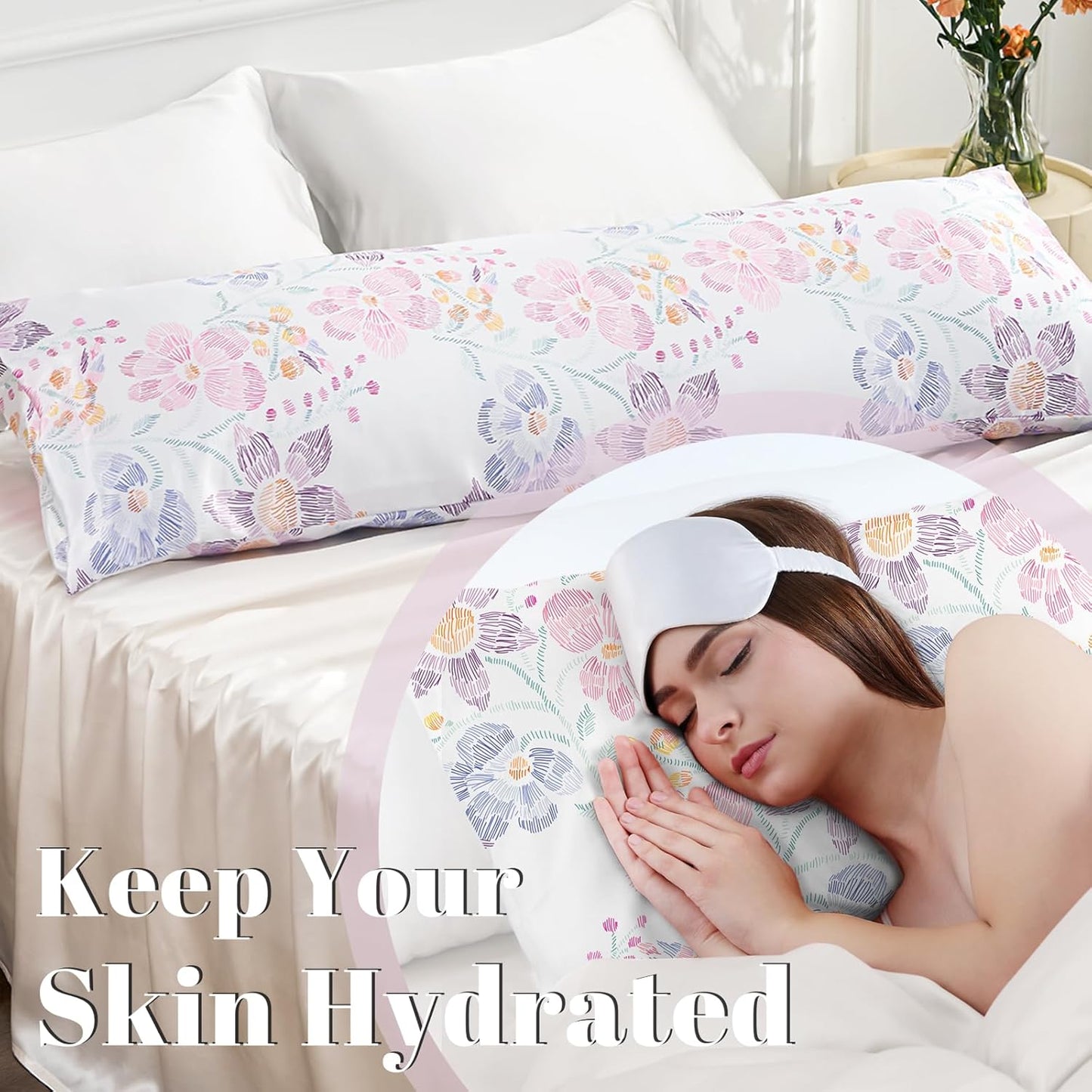 EXQ Home Satin Pillowcase for Hair and Skin Body- Multicolor Printed Flower Silk Pillowcase 20x54 inches - Body Pillow Cases with Envelope Closure, Gifts for Women