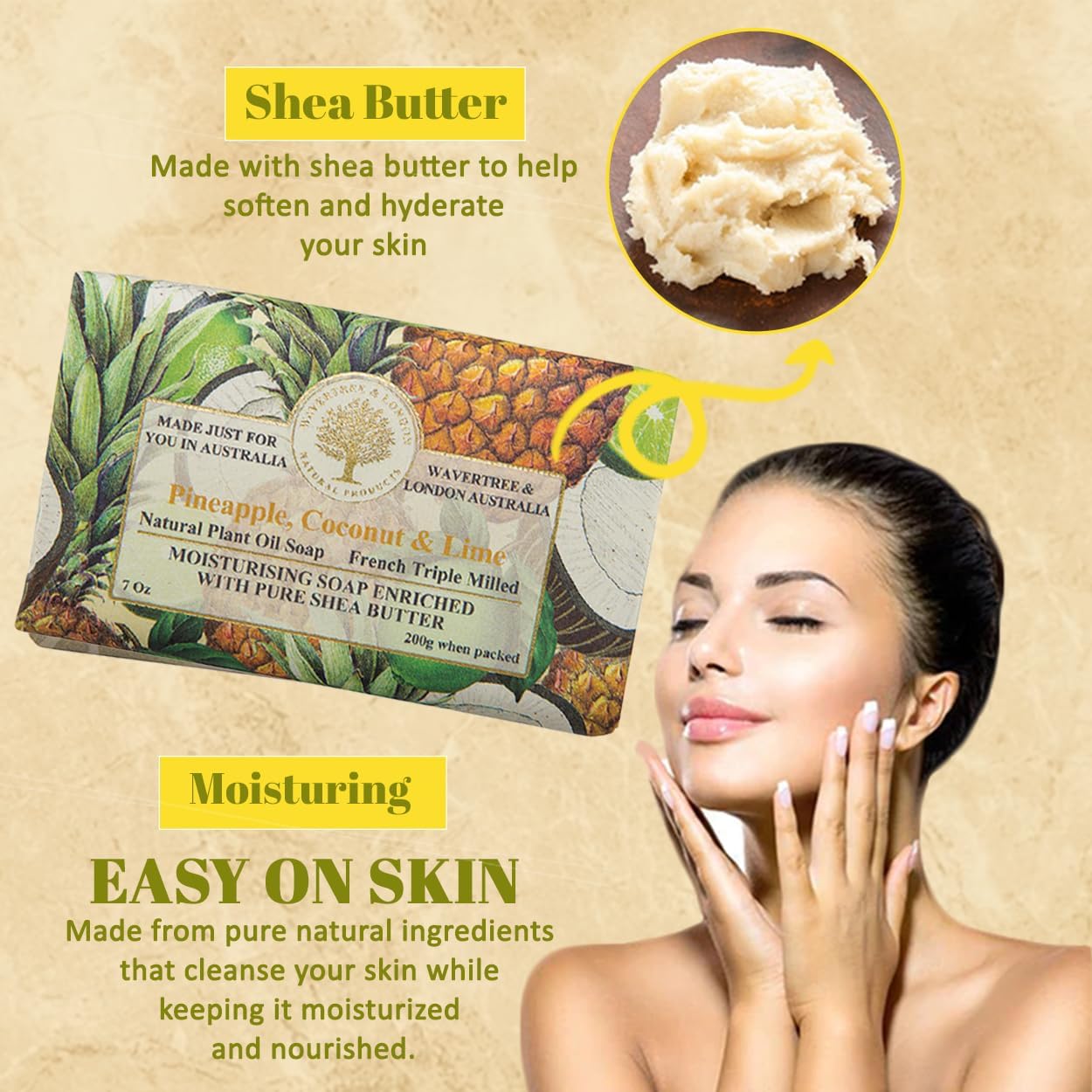 Wavertree & London Pineapple, Coconut & Lime Scented Natural Soap Bar, 7oz Moisturizing French Triple Milled Soap Bar for Women & Men enriched with shea butter - Pure Bath & Body soap bar