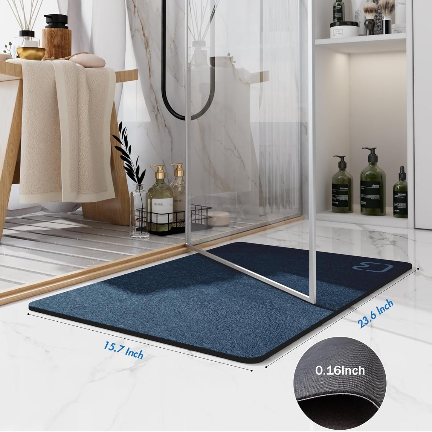 Diatomaceous Earth Bath Mat Rugs 23.6 x 15.7 inch, Quick Dry Super Absorbent Non Slip Rubber BottomThin Bathroom Mat Fit Under Door, Floor Rugs in Front of Bathtub,Shower Room,Sink, Navy