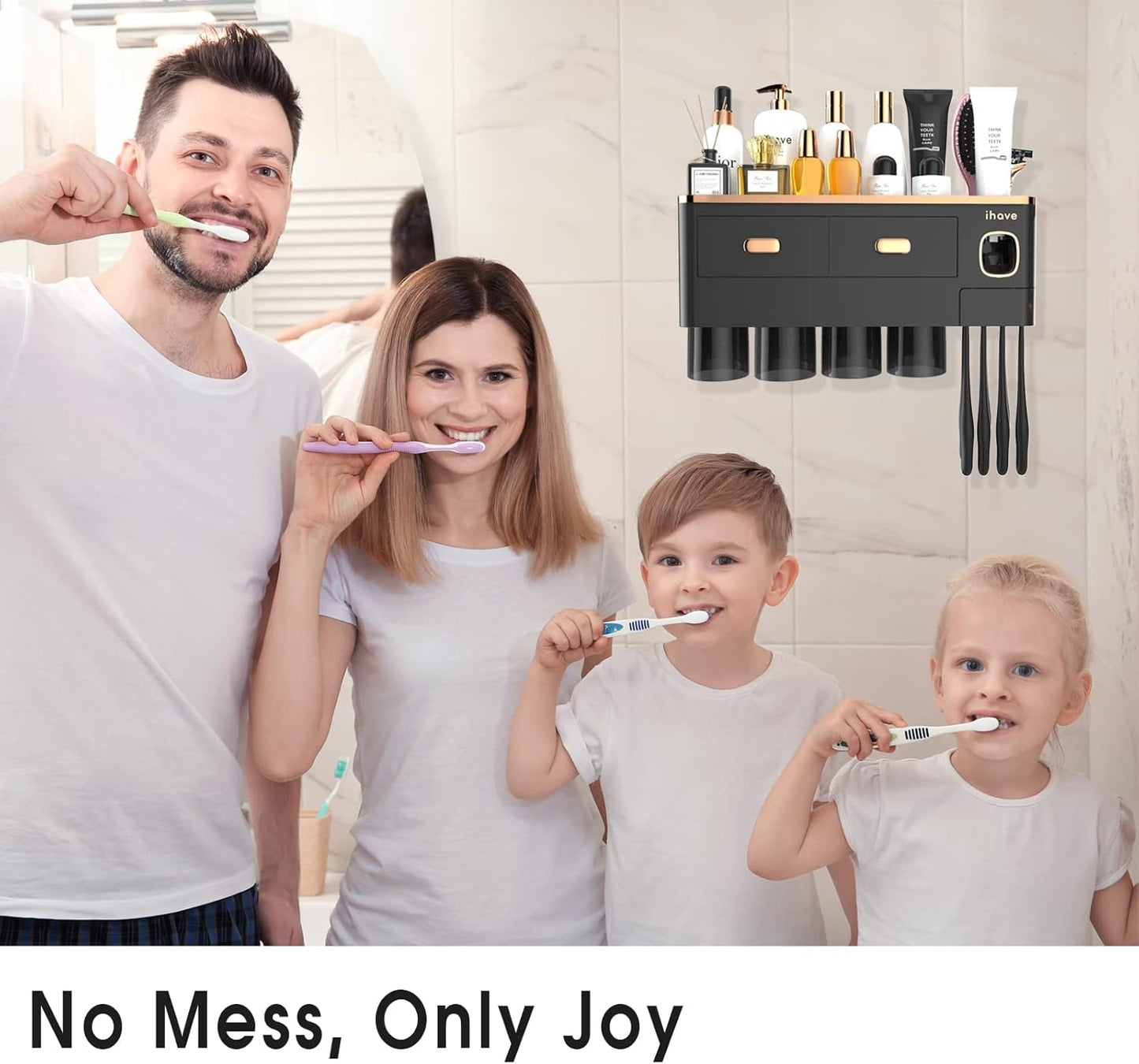 iHave Toothbrush Holders for Bathrooms - Upgrade Wall Mounted Toothbrush Holder with Toothpaste Dispenser - 4 Cups, Large Capacity Tray, 2 Cosmetic Drawer - Bathroom Organizers and Storage