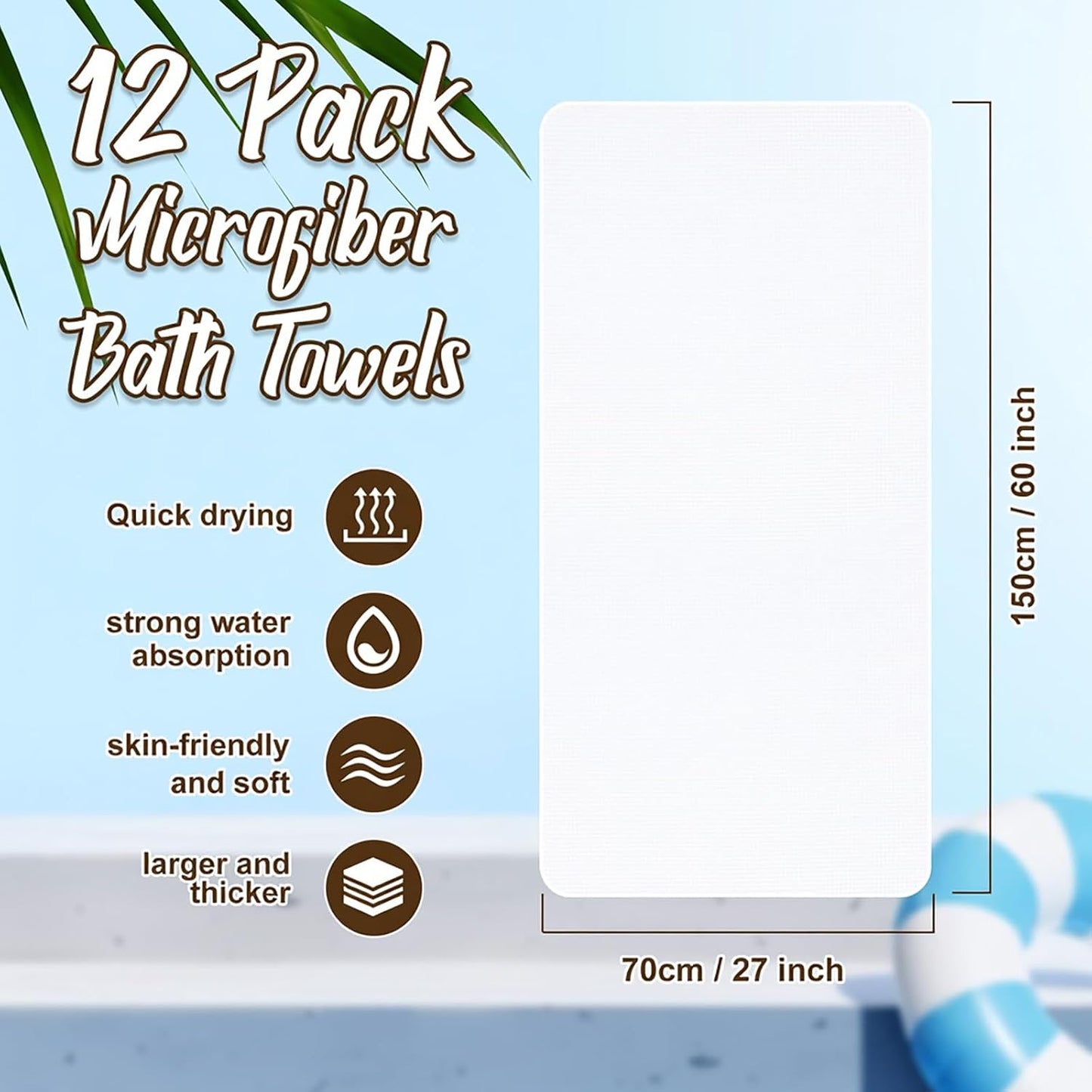 12 Pack Microfiber Bath Towels Bulk 27'' x 60'' Oversized Size Bath Towel Highly Absorbent Extra Large Soft Drying for Shower Beach Salon Winter Sport Spa Gym (Square,White)