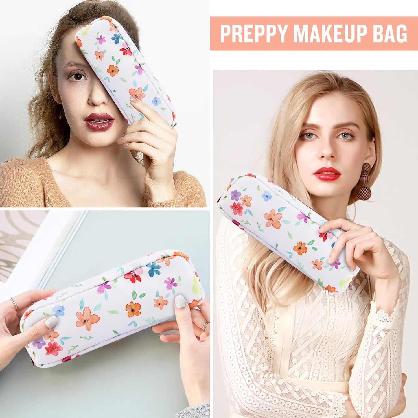 Nylon Small Floral Makeup Bag Slim Pouch, Preppy Cute Makeup Brush Case Bag Cosmetic Zipper Pouch for Purse, Waterproof Travel Toiletry Bag Coin Pouch Make Up Organizer for Women Girls(White-Flower)