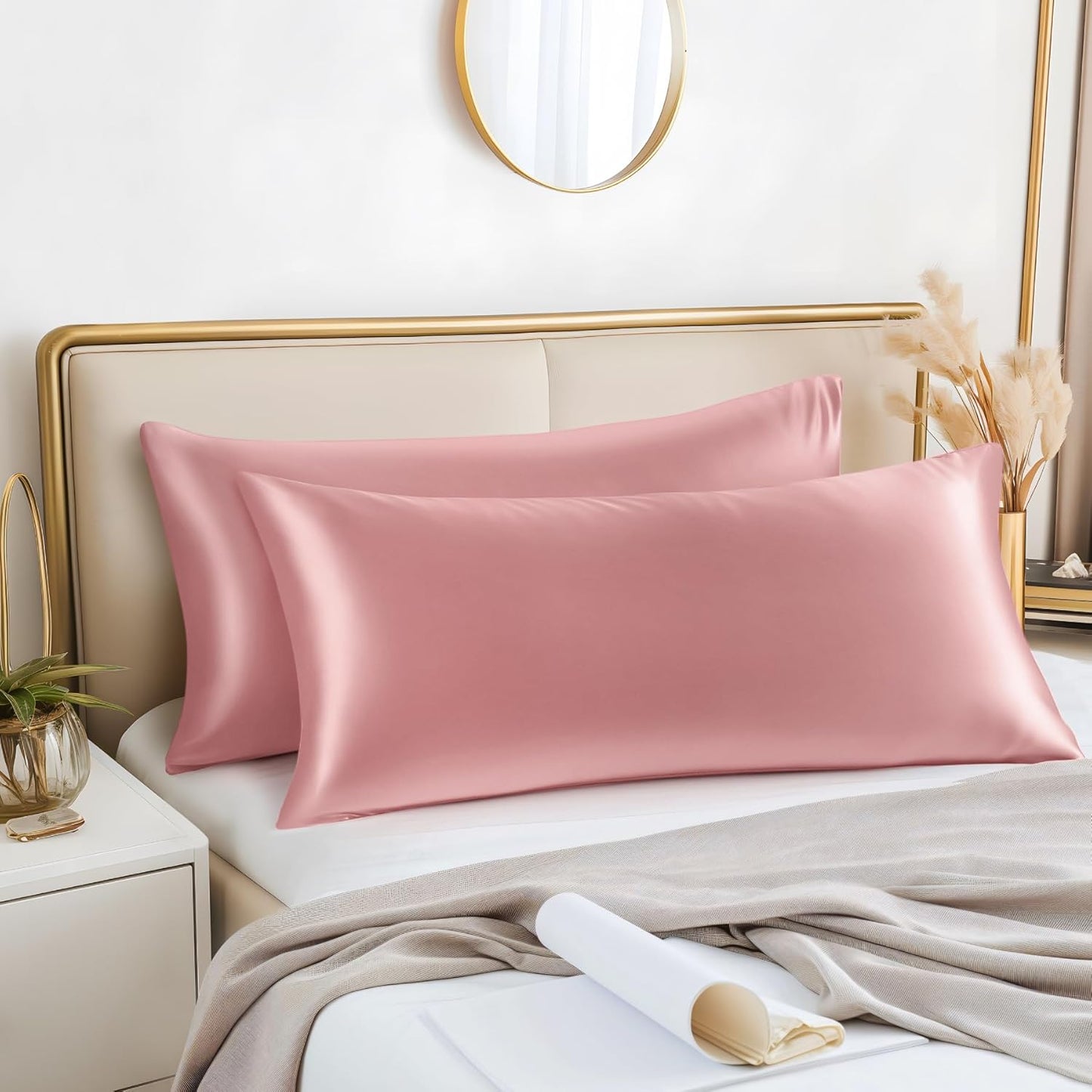 BEDELITE Satin Body Pillow Cover 2 Pack, Super Soft and Cooling Body Pillow Pillowcase for Hair and Skin, Breathable Silky Full Long Pillowcase Cover(20"x54", Rose Pink)