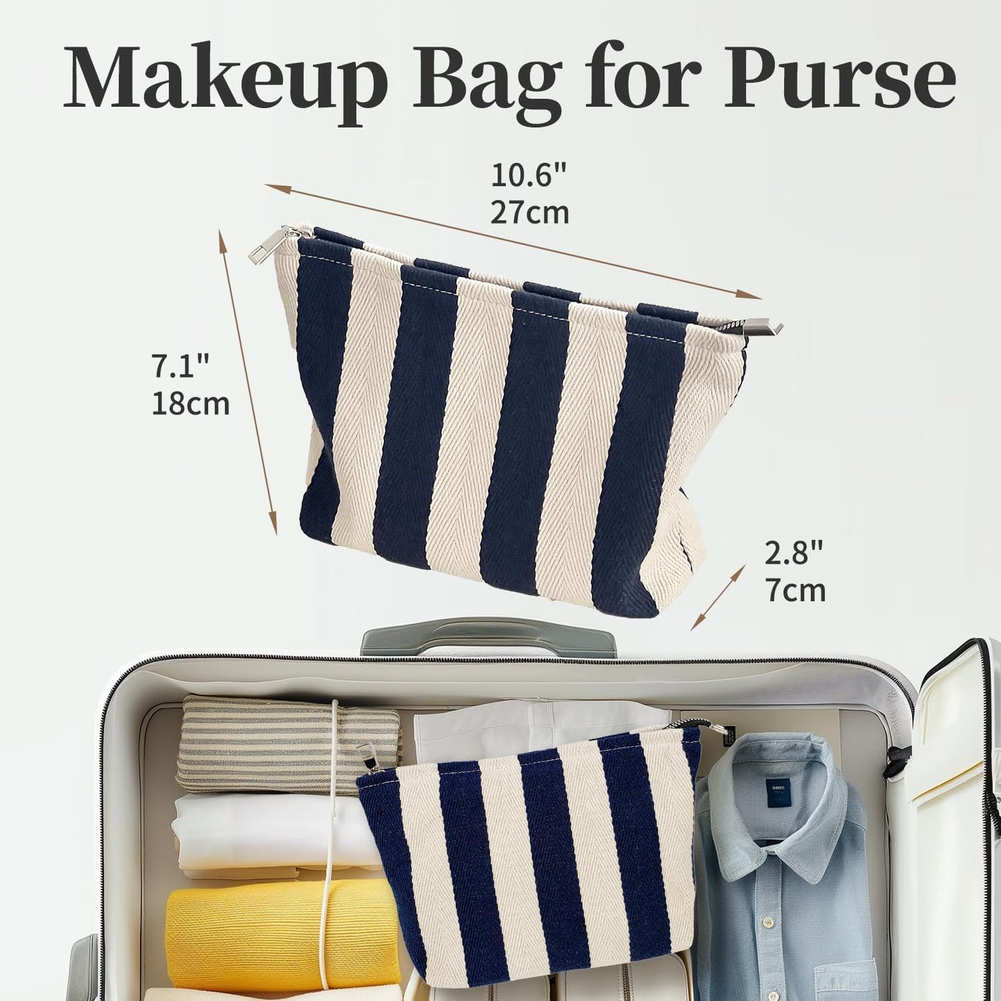 Blue Striped Makeup Bag for Women, Canvas Cosmetic Bag, Large Zipper Pouch(10.6" * 7.1" * 2.8"), Make Up Bag for Purse, Perfect for Storing Makeup And Accessories, Makeup Bag for Daily Travel Gifting