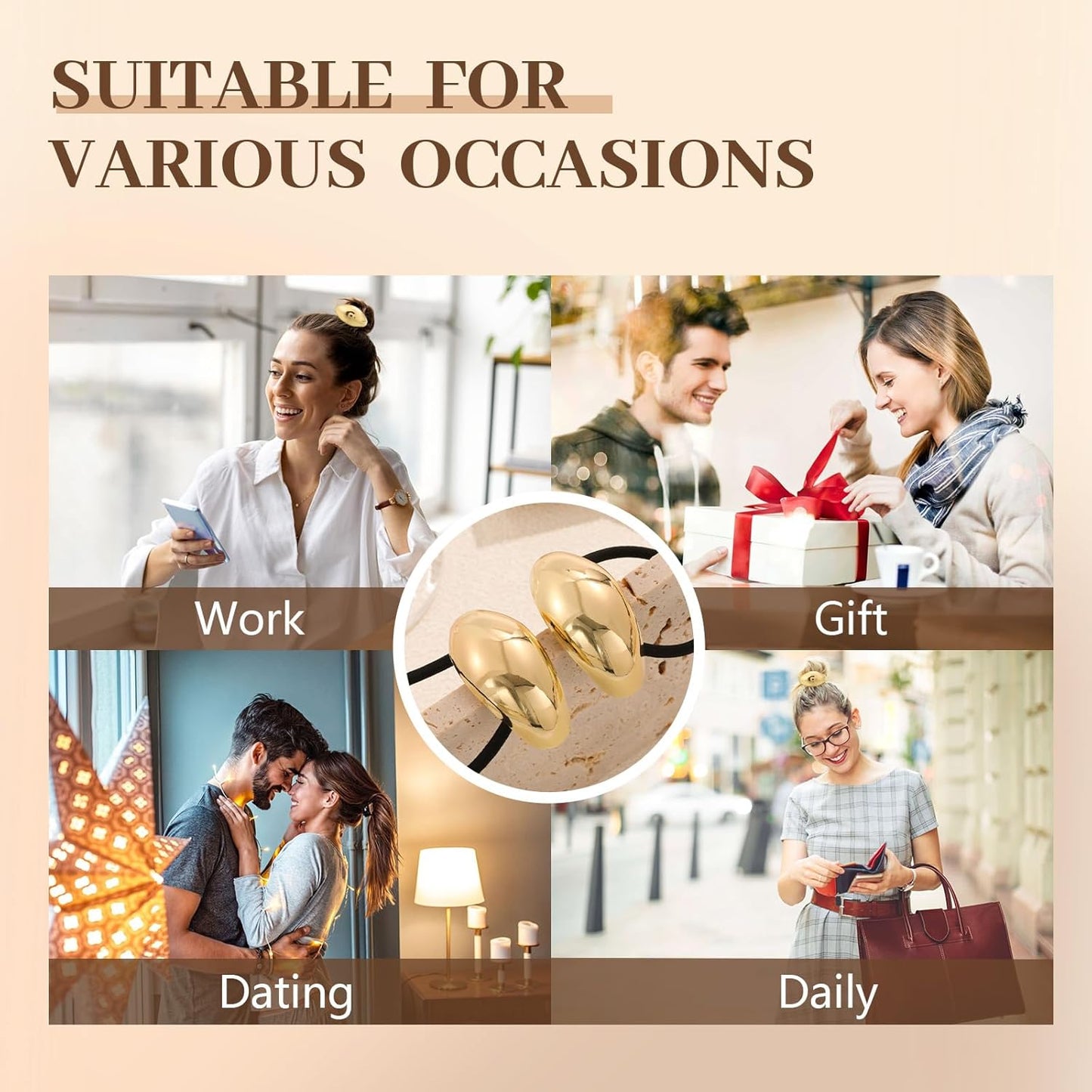 3PCS Gold Hair Ties, Metal Hair Ties for Thick Hair, Elegant Durable Geometric Design Hair Cuffs, Gold Hair Accessories Stretchy Non-Damage Ponytail Cuff Holders Holiday Gifts