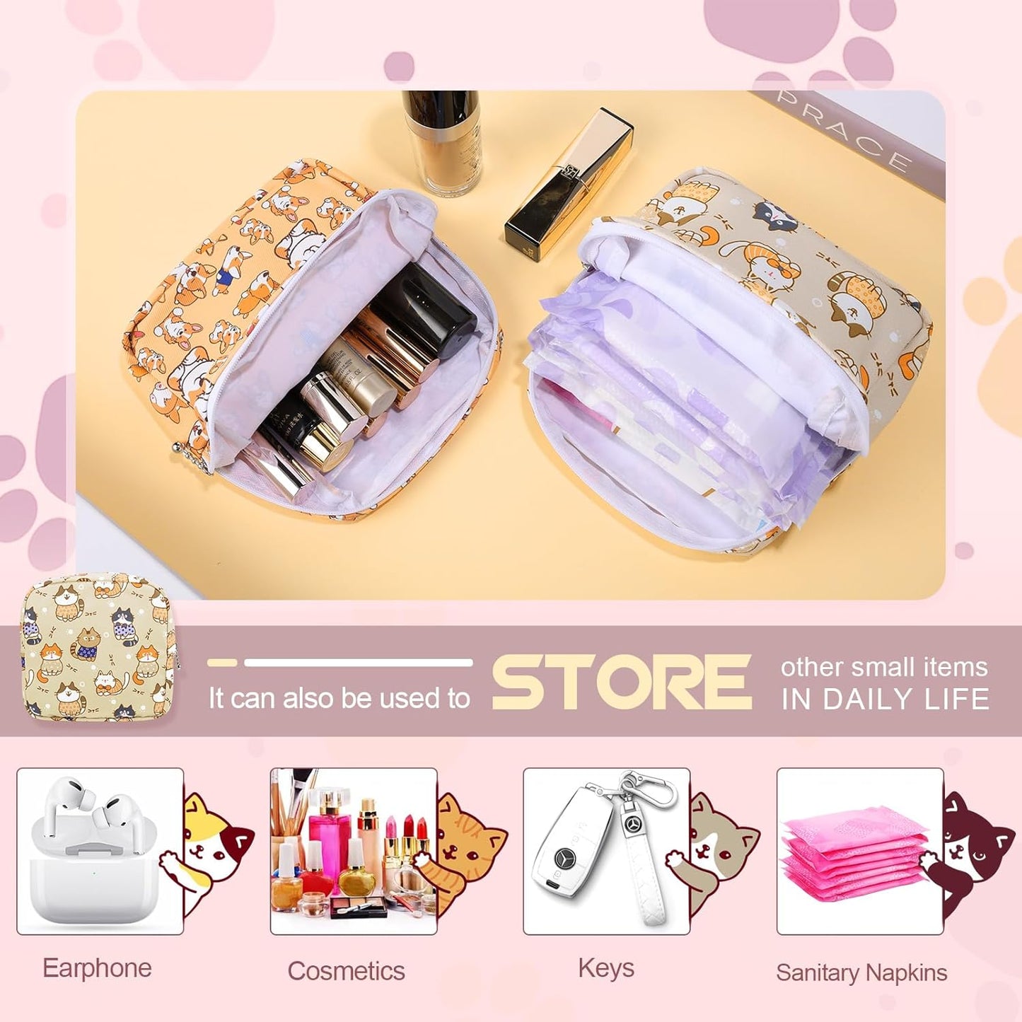 Period Bag Pouch, Canvas Sanitary Napkin Storage Bag for Girls Womens, Portable Sanitary Napkin Period Pad Pouch for Purse, Small Make Up Bags(Khaki Cat)