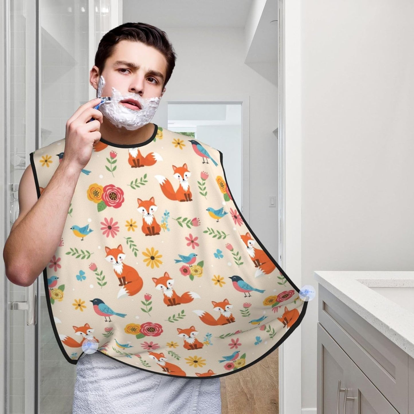 Waterproof Beard Trimming Bib, Non-Stick Hair Catcher for Men Shaving, Grooming Apron for Husband Dad, Fall Leaves Floral Flowers Foxes Shave Bib