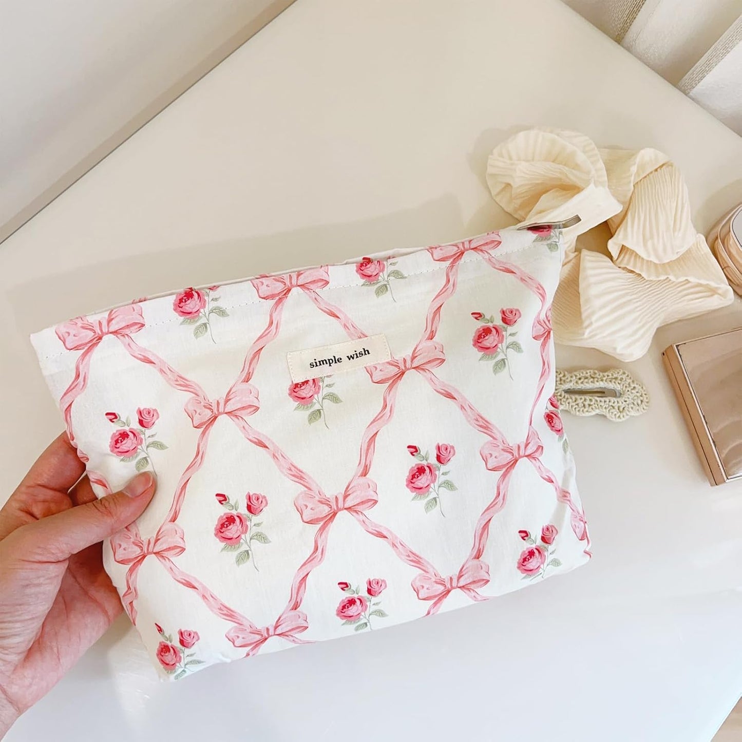 Wudygirl Makeup Bag Cosmetic Bag for Women Pink Pow Makeup Pouch Cute Make up Organizer Portable Handbag Toiletry Bag Large Capacity Zipper Pouch (Pink Pow)