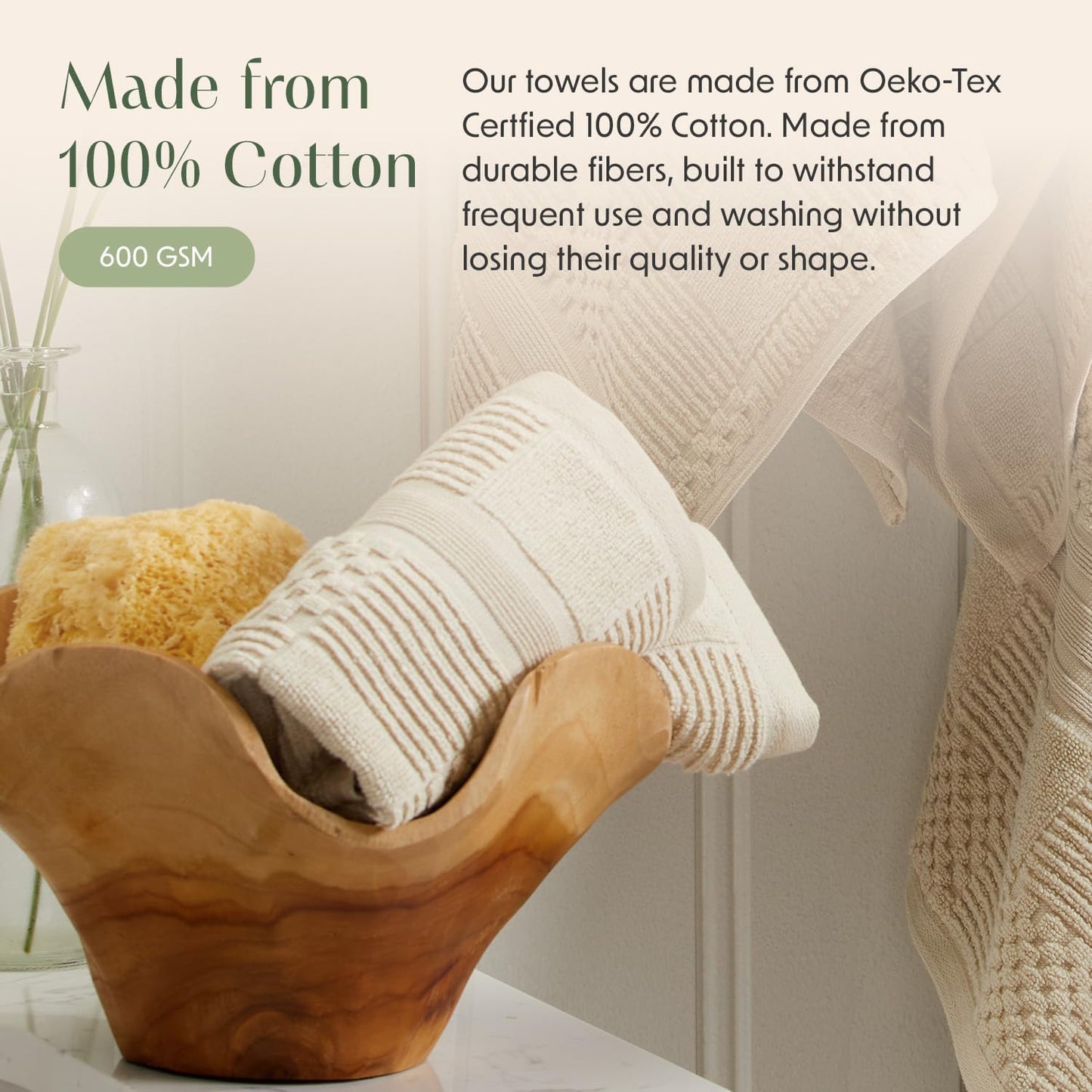 Springtree Home 100% Cotton Bath Towel Set of 4 | Beige Towels | Geometric Textured Design | Absorbent & Quick-Dry | 4 Bath Towels | Oeko-TEX® Standard 100 Cotton | Myla Collection - Sandshell