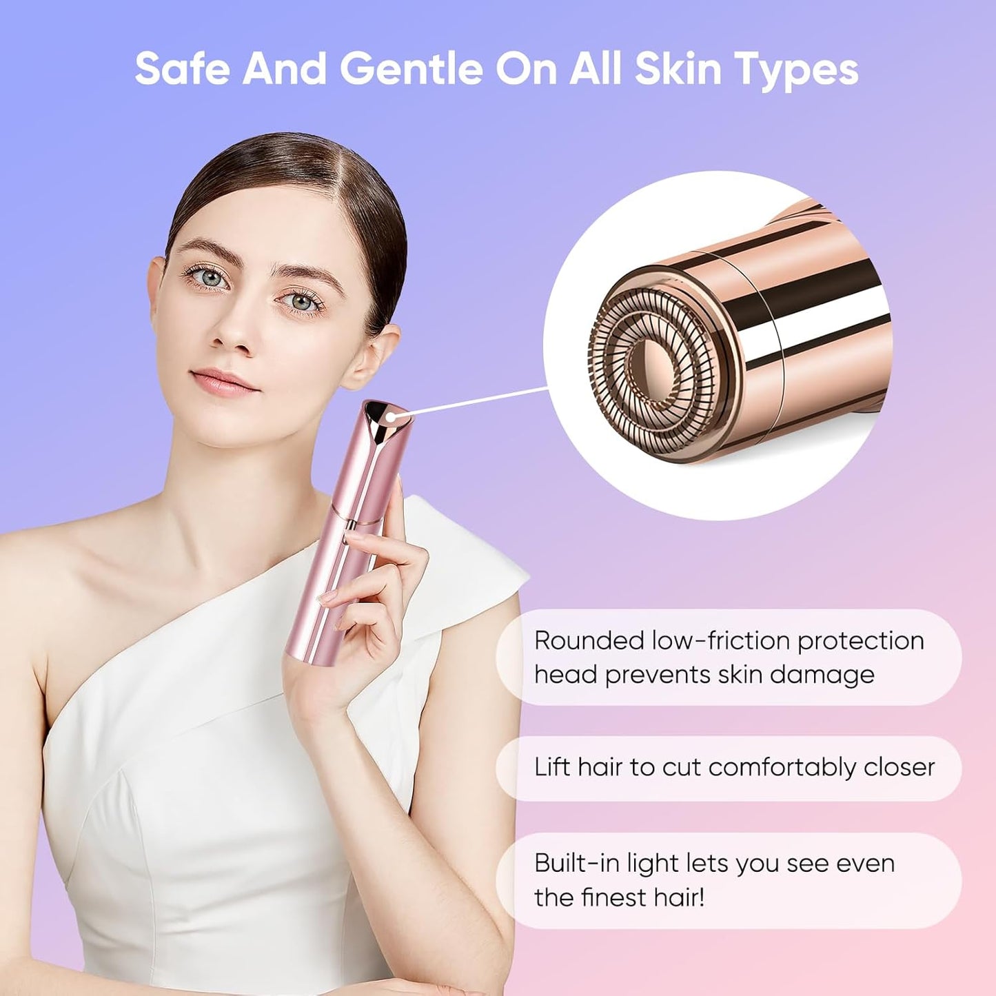 Facial Hair Remover for Women- as Seen on TV Painless Face Shaver -Mini Hair Remover, Electric Razor Shaver Portable Bikini Epilator for Lips, Chin, Armpit, Peach Fuzz,Neck, Cheek(Rose Gold)