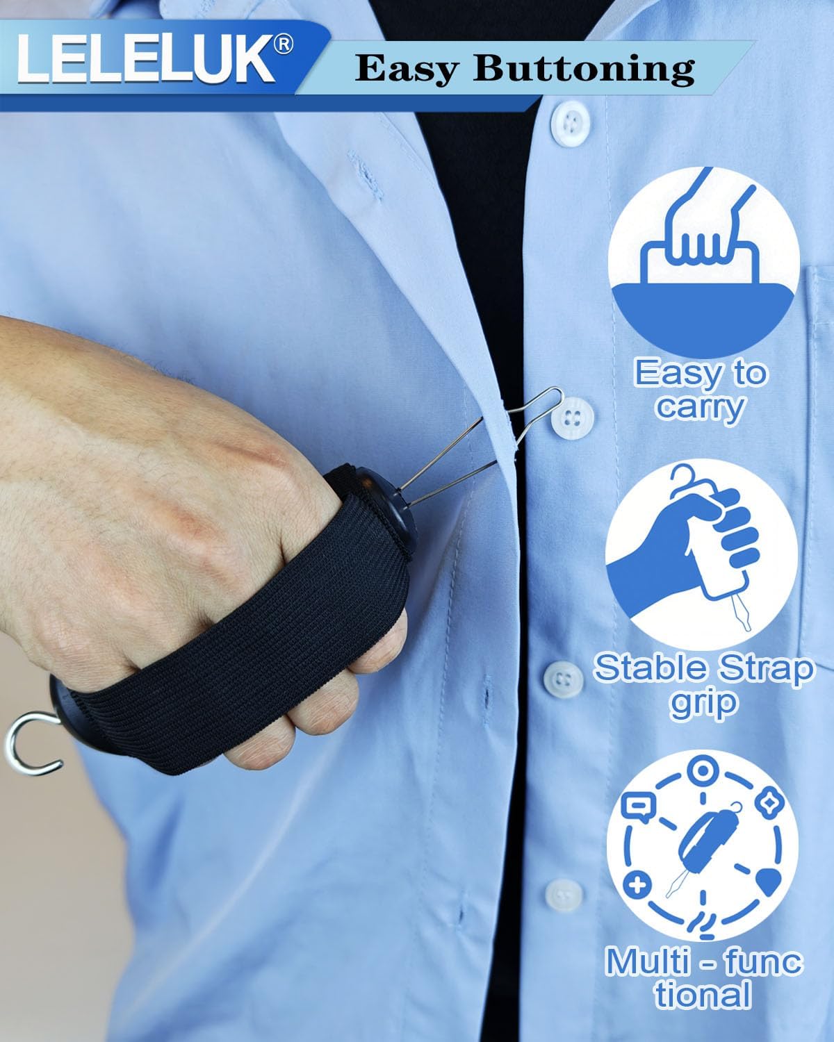 Button Hook and Zipper Pull with Strap for One-Handed Dressing - Adaptive Clothing Aid for Seniors, Disabled, Arthritis - Non-Slip Ergonomic Handle for Easy Buttoning - Portable Dressing Tool