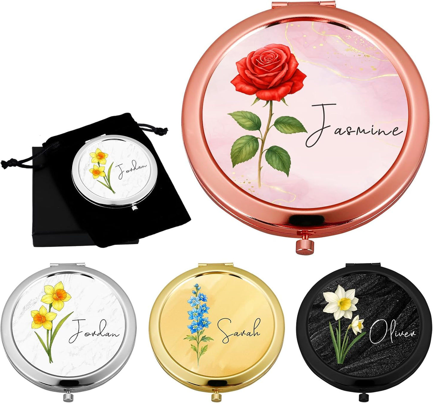 Personalized Compact Mirror for Women, Custom Birth Flower and Name Pocket Mirror, 1X/2X Magnification Travel Makeup Mirror for Purse, Gift for Bridesmaid Wedding Birthday Christmas Mom Friend Sister