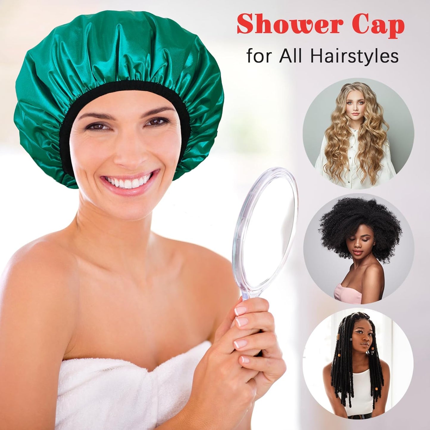 Shower Cap Reusable Waterproof, Terry Lined Shower Caps for Women, Triple Layer Hair Cap for Shower, Large Plastic Shower Cap for Braids Long Hair