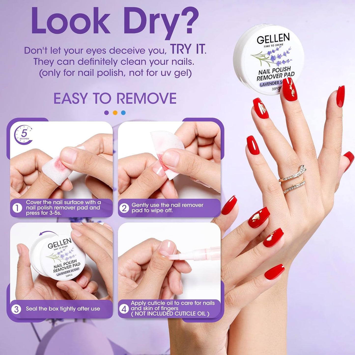 Gellen Nail Polish Remover Pads, Non-Acetone Nail Polish Remover Wipes, 140pcs Travel Size Nails Wets Bulk Set, No Leakage, Long-lasting Stable Formula For 5+ Months, Lavender Sent