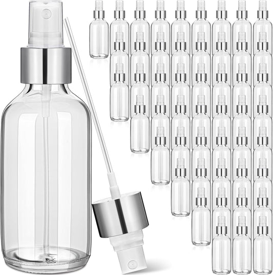 Maxcheck 50 Pieces 4oz Small Glass Spray Bottles for Essential Oil Empty Spray Mist Bottle Empty Fine Mist and Refillable Mister Refillable Liquid Containers for Perfumes, Cleaning(Clear, Silver)