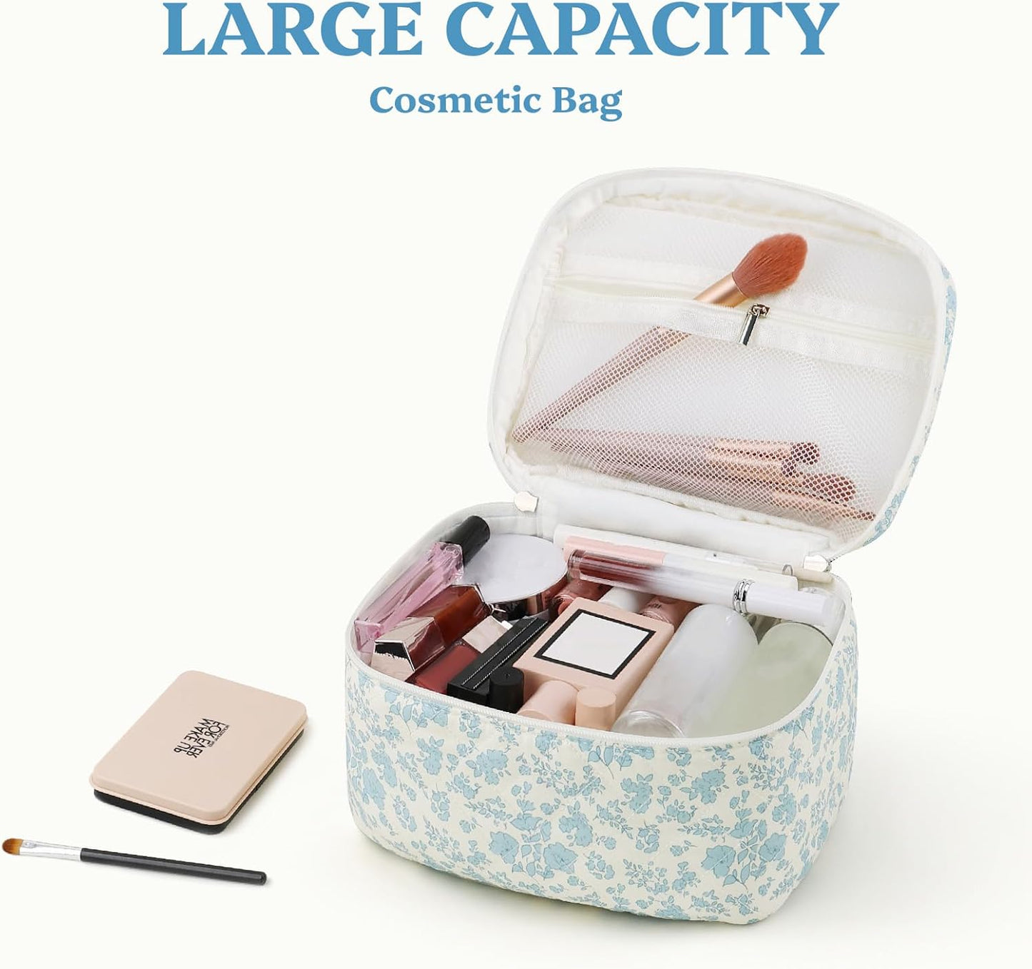 Prite Large Makeup Bag Cute Cosmetic Bag for Women Floral Coquette Aesthetic Toiletry Bag Travel Make Up Organizer Bag(Blue Flower)