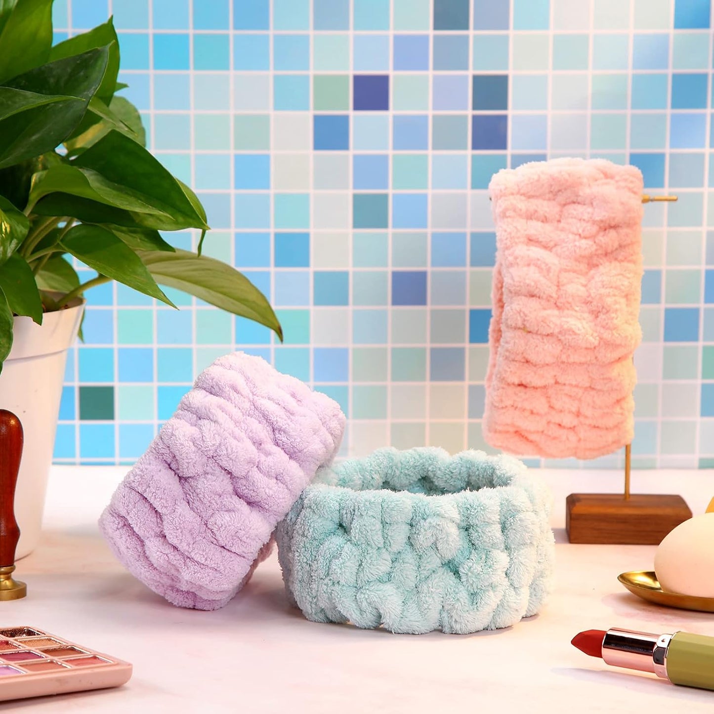 Chuangdi 3-Piece Spa Headband Set - Soft Terry Cloth Hairbands for Women's Facial Makeup, Washing, Face Mask, Spa & Shower - Light Orange, Purple, Green