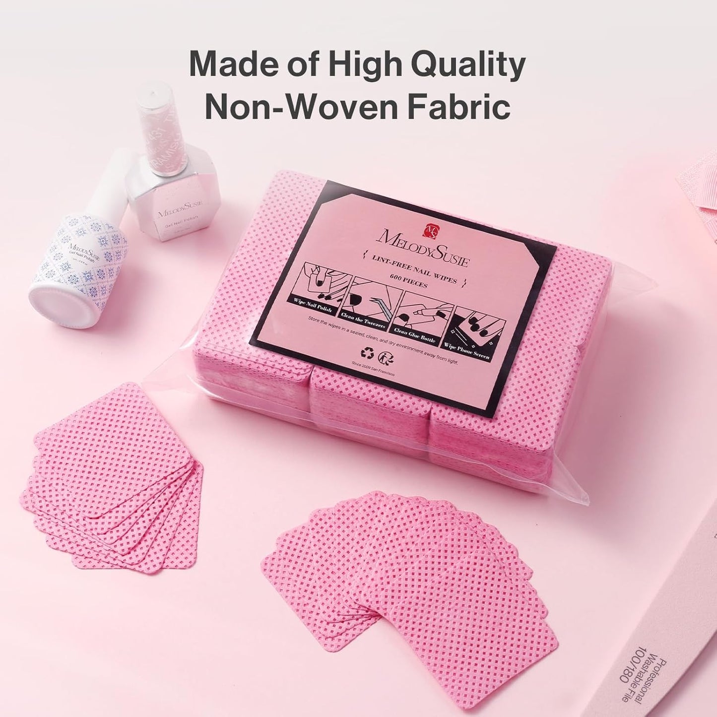 MelodySusie 600Pcs Lint Free Nail Pink Wipes Super Absorbent Soft Non-Woven for Fingernail Polish Remover and Eyelash Extension Wipes for Nail Art