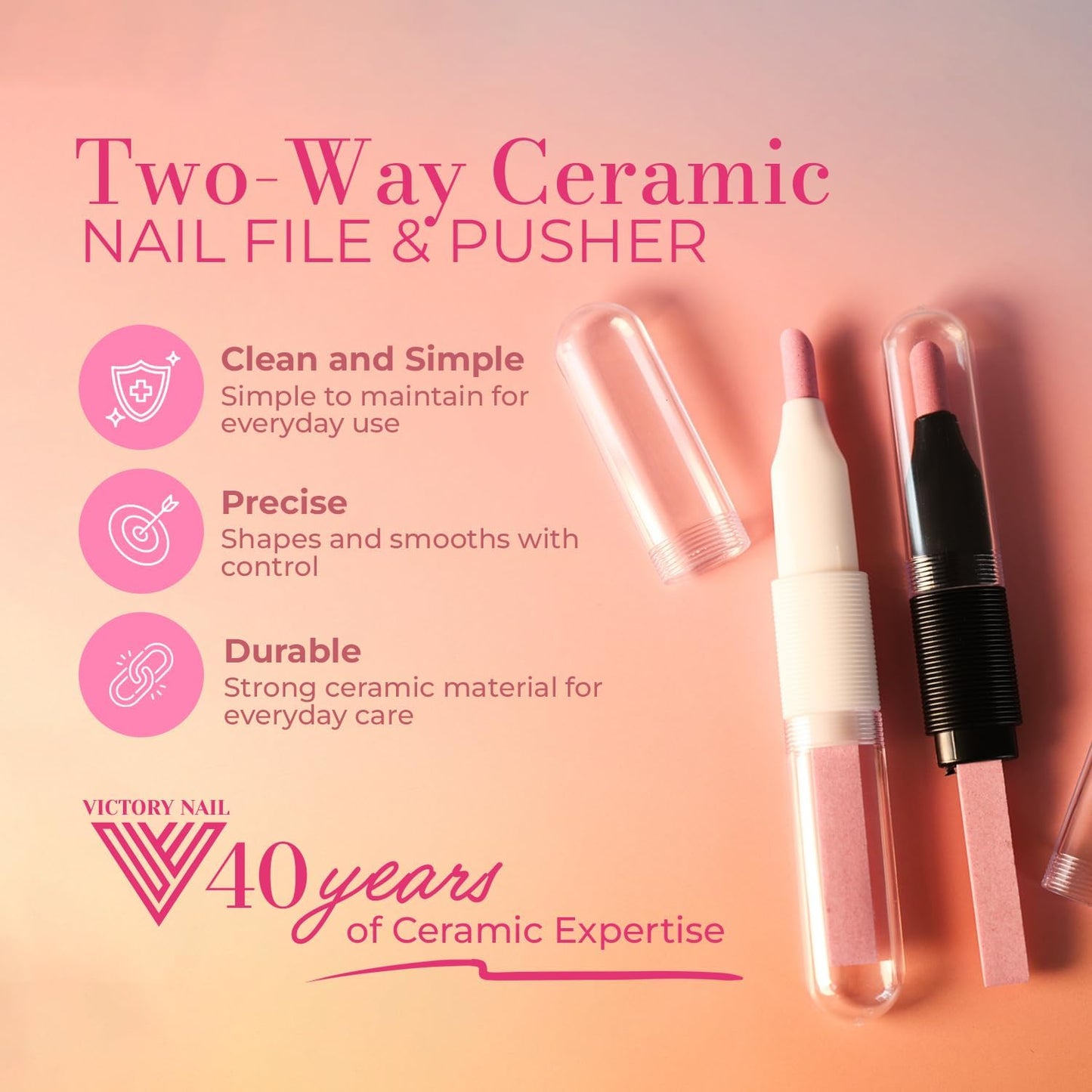 2PCS Victory Ceramic Stone Two-Way Nail Pusher & File (Black) Cuticle Trimmer Manicure Tools Professional Nail File Pumice Fingernail Files