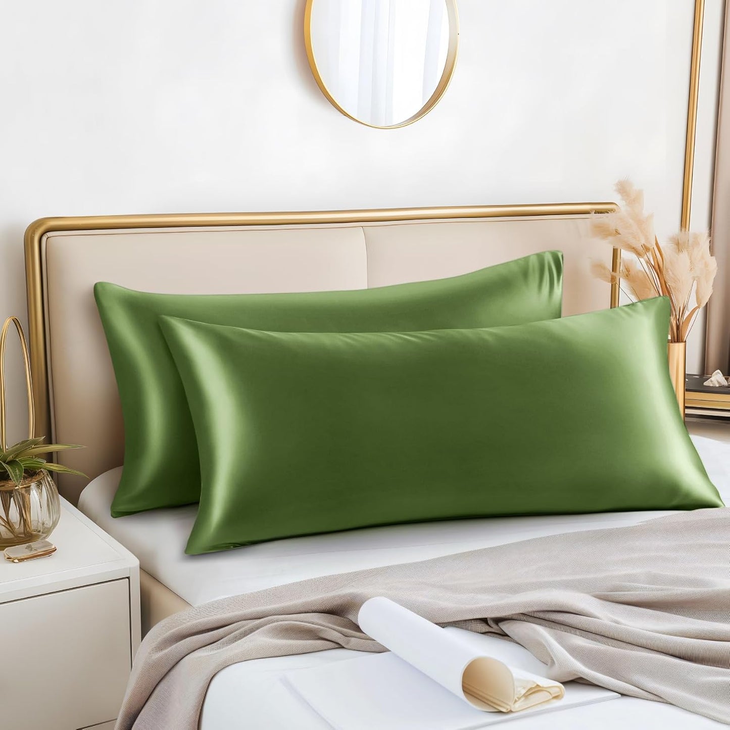 BEDELITE Satin Body Pillow Cover 2 Pack, Super Soft and Cooling Body Pillow Pillowcase for Hair and Skin, Breathable Silky Full Long Pillowcase Cover(20"x54", Cedar Green)