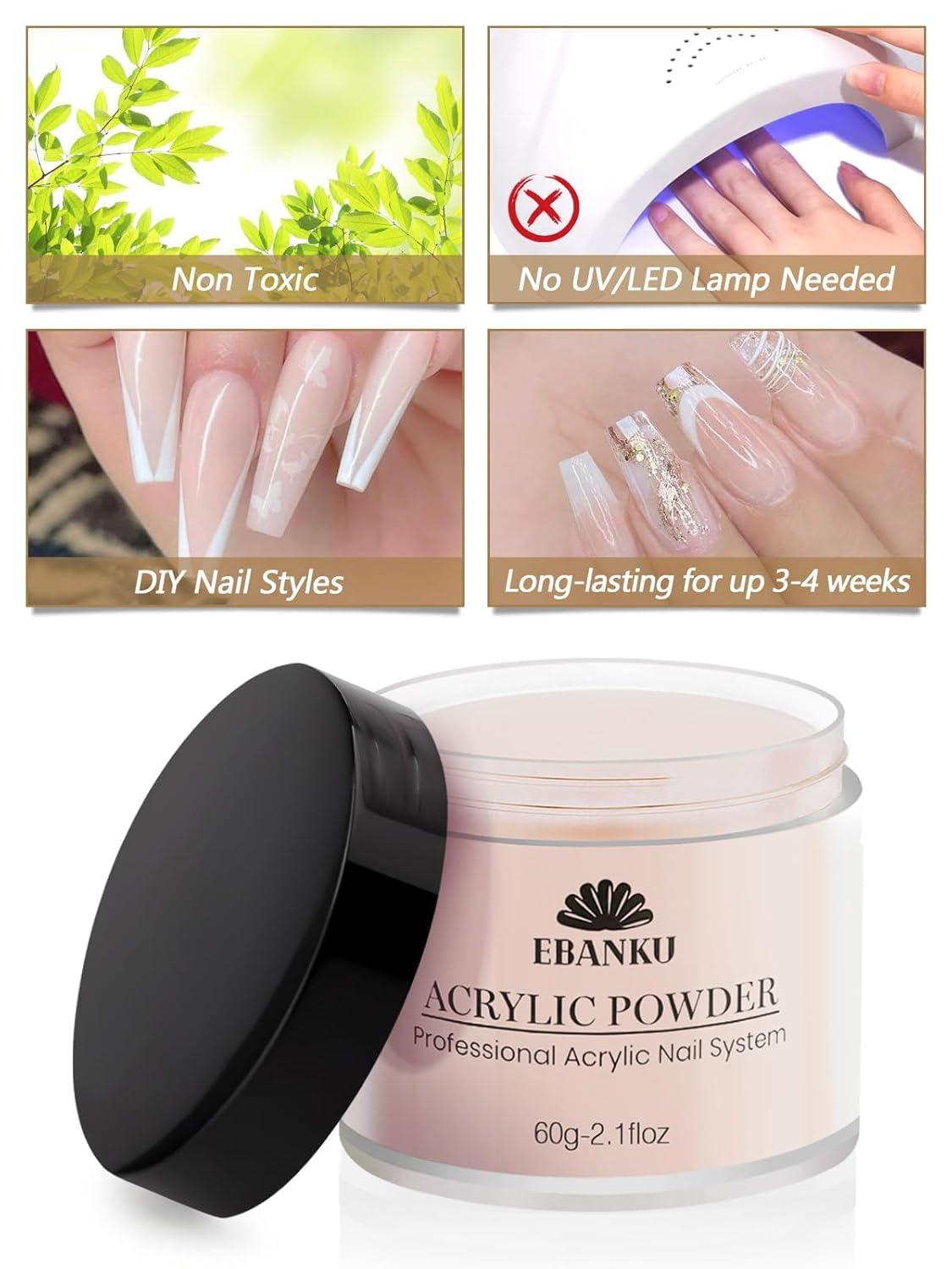 EBANKU Nude Pink Acrylic Powder for Nails, Long Lasting 3D Fingernail Carving & Nail Extensions, Professional Colors Acrylic Powder for Manicure, No Nail Lamp Needed, 60g/2.1oz*2Pcs