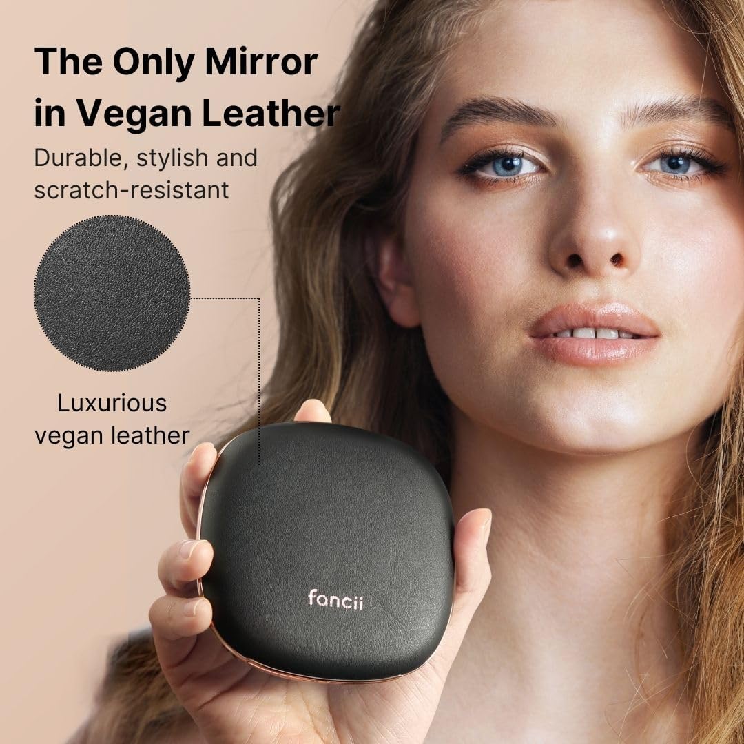 Fancii Mila 2 Compact Magnifying Makeup Mirror with LED Light, Rechargeable, 10x /1x Magnification, Tru-Glow Lighting System, Vegan Leather, Small Travel Mirror for Purses (Midnight Majesty)