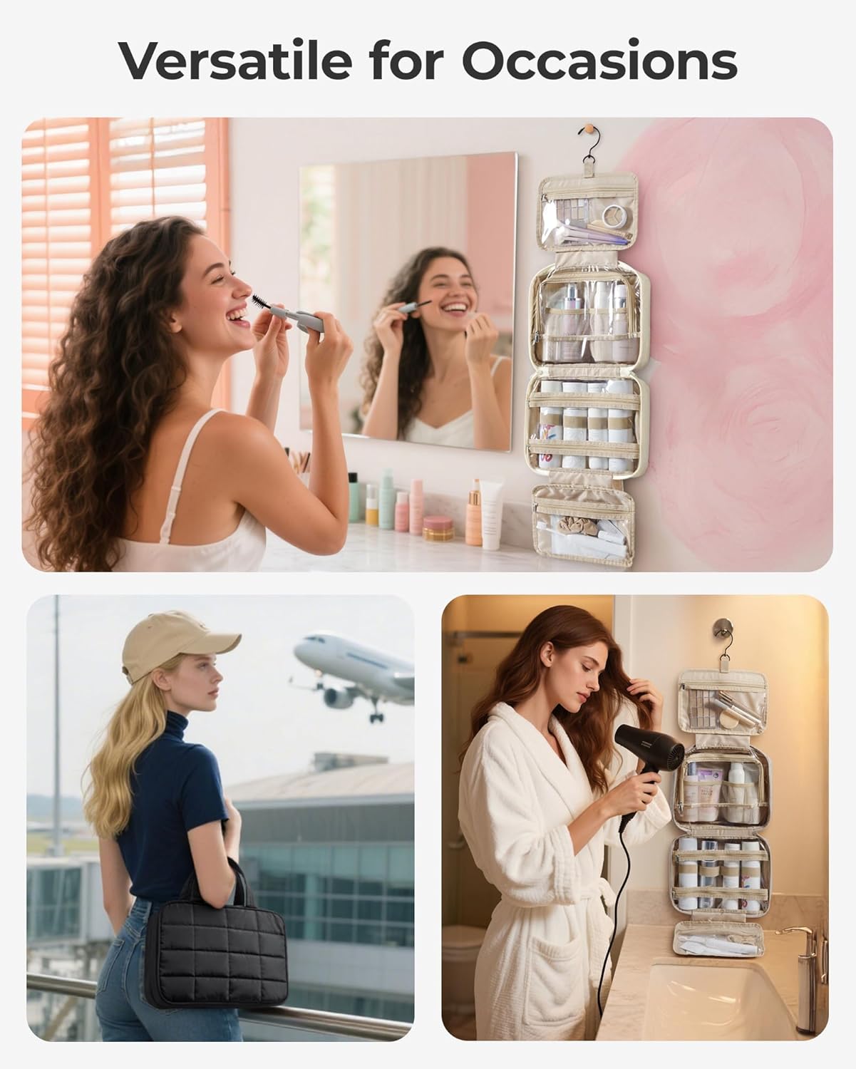 BAGSMART Travel Toiletry Bag for Womne, Hanging Travel Bag for Toiletries, Puffy Makeup Cosmetic Bag Organizer, Carry-on Travel Accessories Essentials, Camel