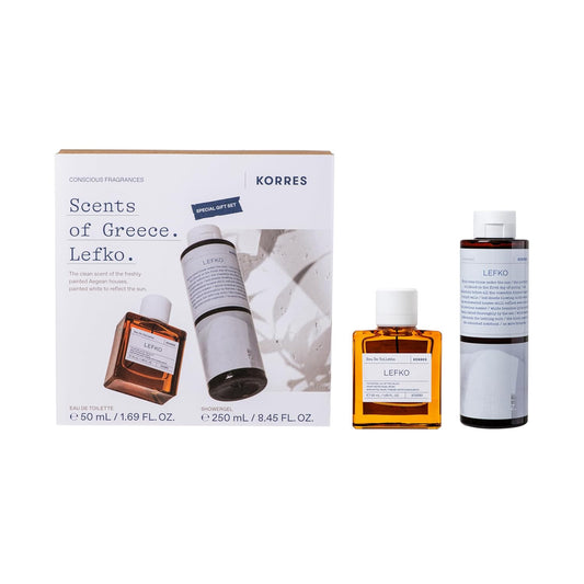 KORRES Lefko Eau De Toilette 1.69 Fl Oz & Shower Gel 8.45 Fl Oz Set, Floral Musk Inspired by Aegean Homes, With Aloe & Marshmallow Root Extract, Unisex Care, Vegetarian, Cruelty Free, Made in Greece
