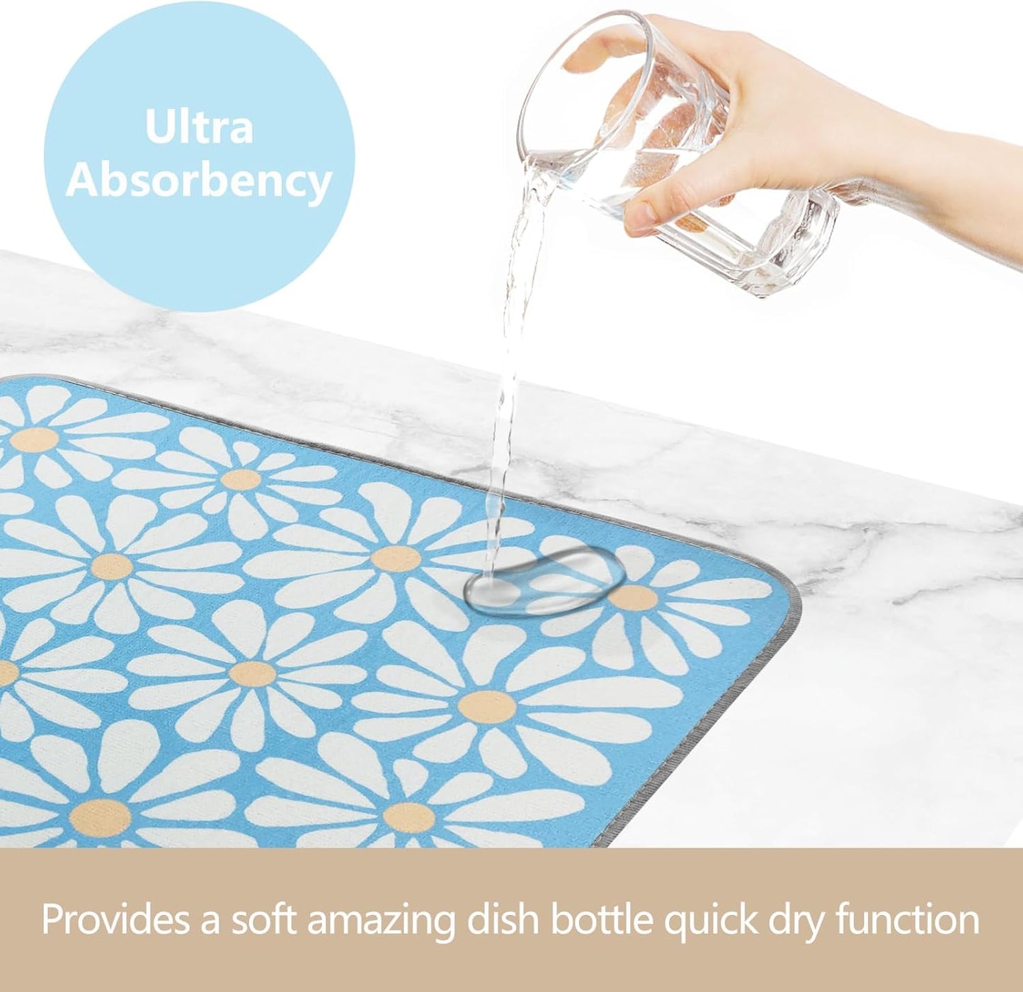 SHIYUE Dish Drying Mat for Kitchen Counter Super Absorbent Spring Kitchen Decor Microfiber Drying Matainers Rack Fast Pad Dish Drainer Mats(Sky Blue Flower,16''x18'')