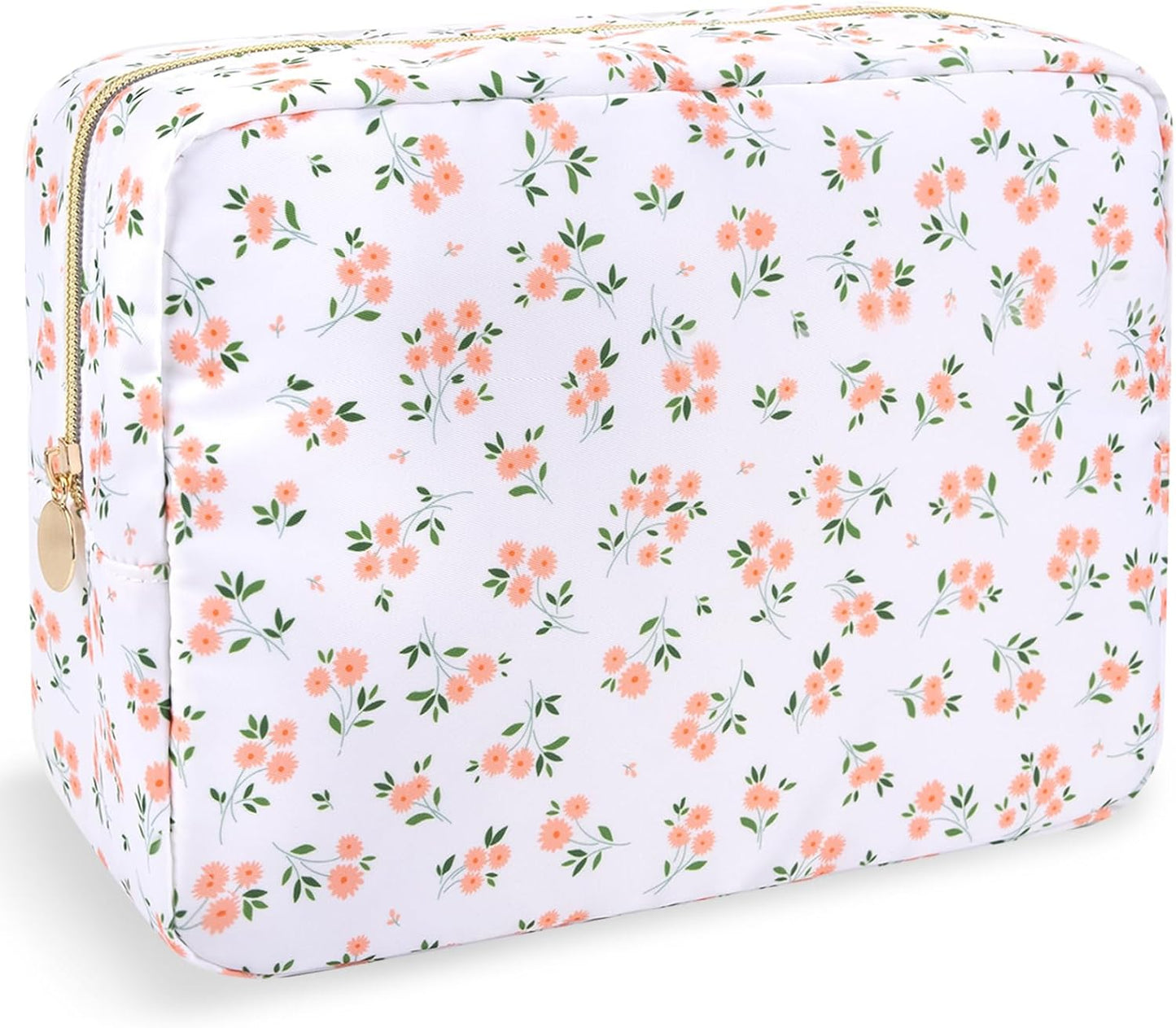 Nylon Large Floral Makeup Organizer Bag, Preppy Big Cute Flower Cosmetic Zipper Pouch Multi-compartment with Dividers, Waterproof Toiletry Makeup Brushes Bag Travel Essentials for Women(White-Floral)