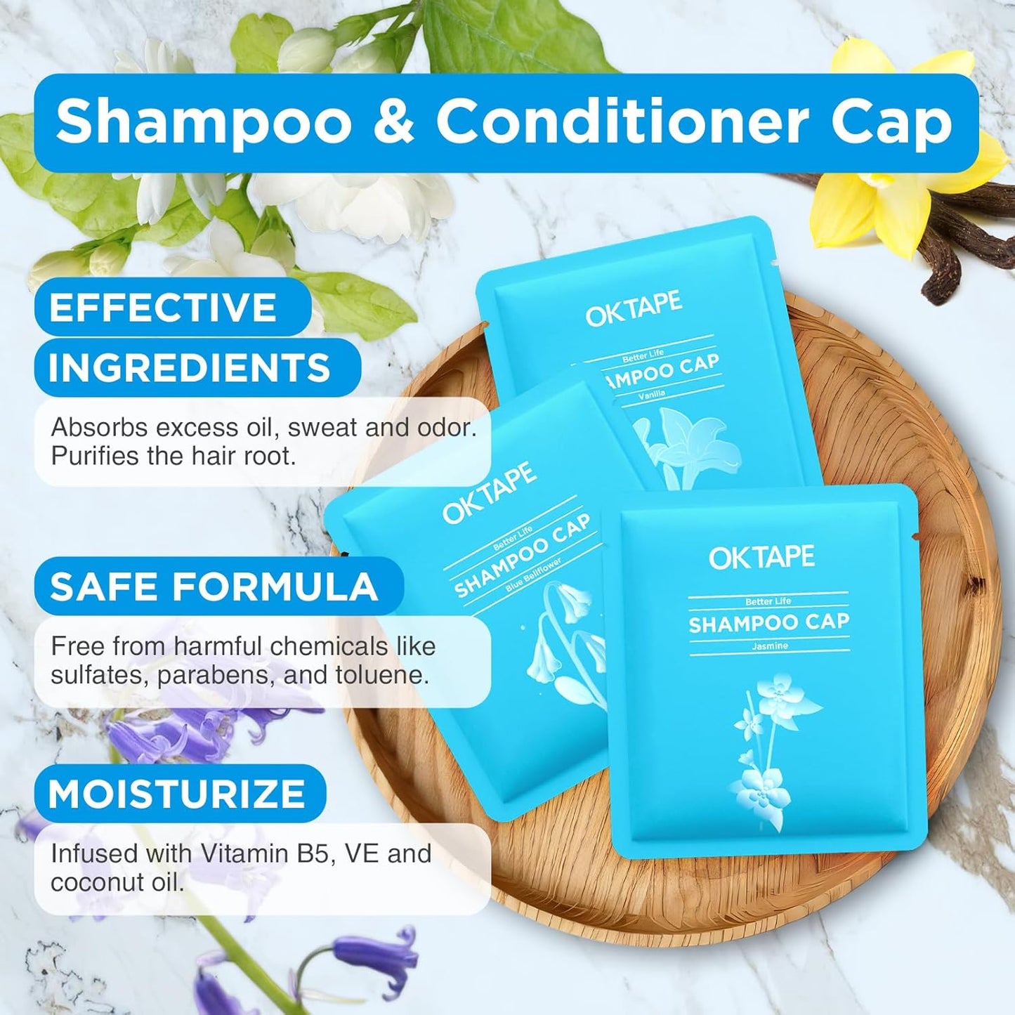 OK TAPE No Water Shampoo Caps (6 Pack) 3 Scents, Rinse Free Shower Cap for Elderly, After Surgery, Camping, Shampoo and Conditioner Hair Wash Cap (Jasmine, Vanilla and Bellflower Scents)