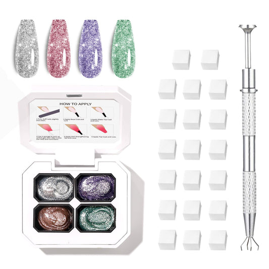 Finger Secret 4 Colors Set Ombre Pat Gel Glitter Nail Polish Shine,Patting Ombre Pigment Palette for Nail with 20Pcs Nail Sponges for Gradient Gel Painting Nail Art Ombre Pat Gel Nail Polish