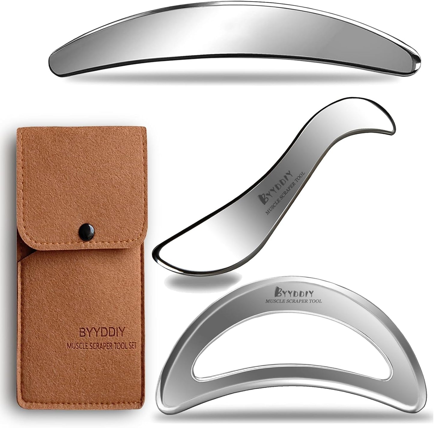 BYYDDIY Moon Shape 3 in 1 Stainless Steel Muscle Scraper Tools Set,Guasha Tool for Body,Scraping Massage Tools for Physical Therapy,Derma Edge Massage Tool & GuaSha Massage Scraper Tool (MN-SC1)