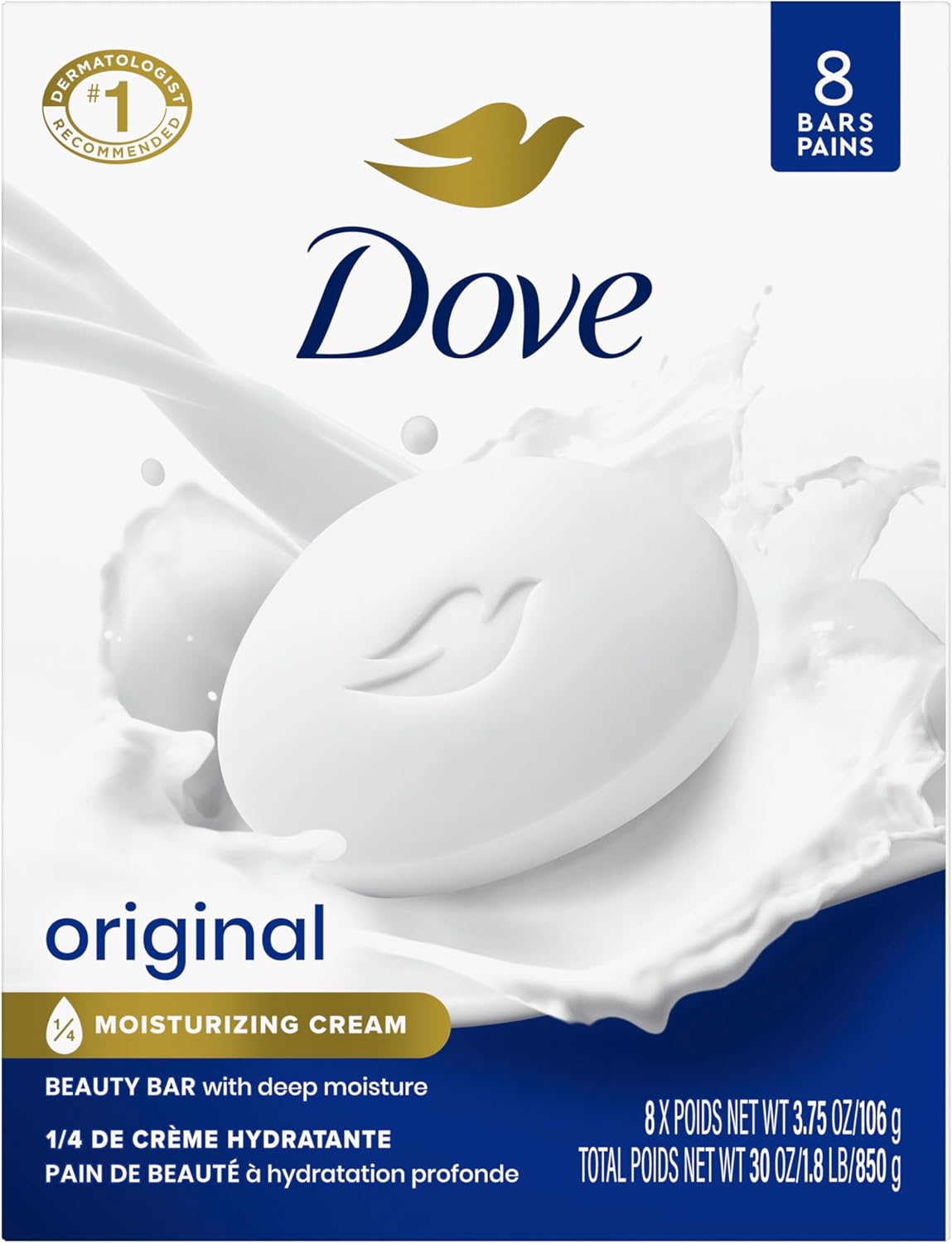 Dove Beauty Bar Soap Original 8 Count for Soft, Smooth Skin, with 1/4 Moisturizing Cream 3.75 oz