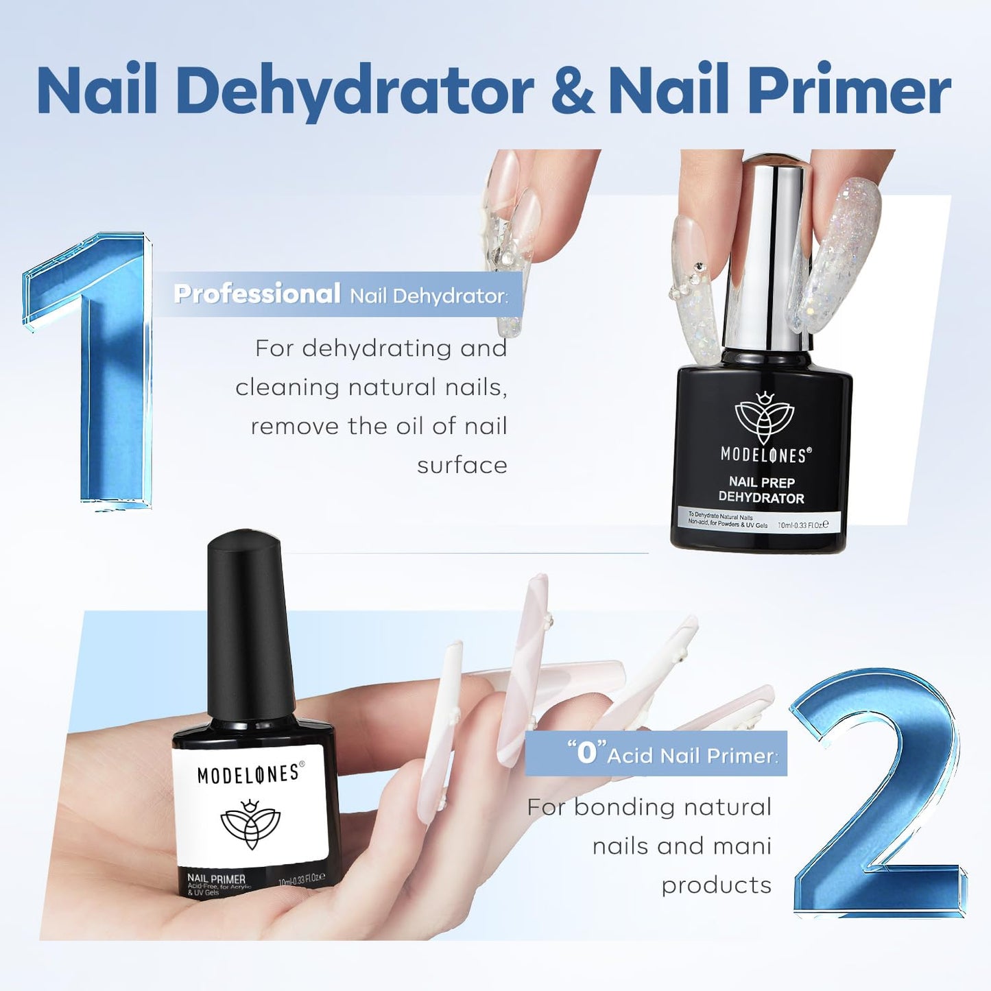 modelones Nail Dehydrator and Primer with Gel Base & Top Coat Set, Acid Free Acrylic Supplies Primer Glossy Gel Nail Polish Top Coat